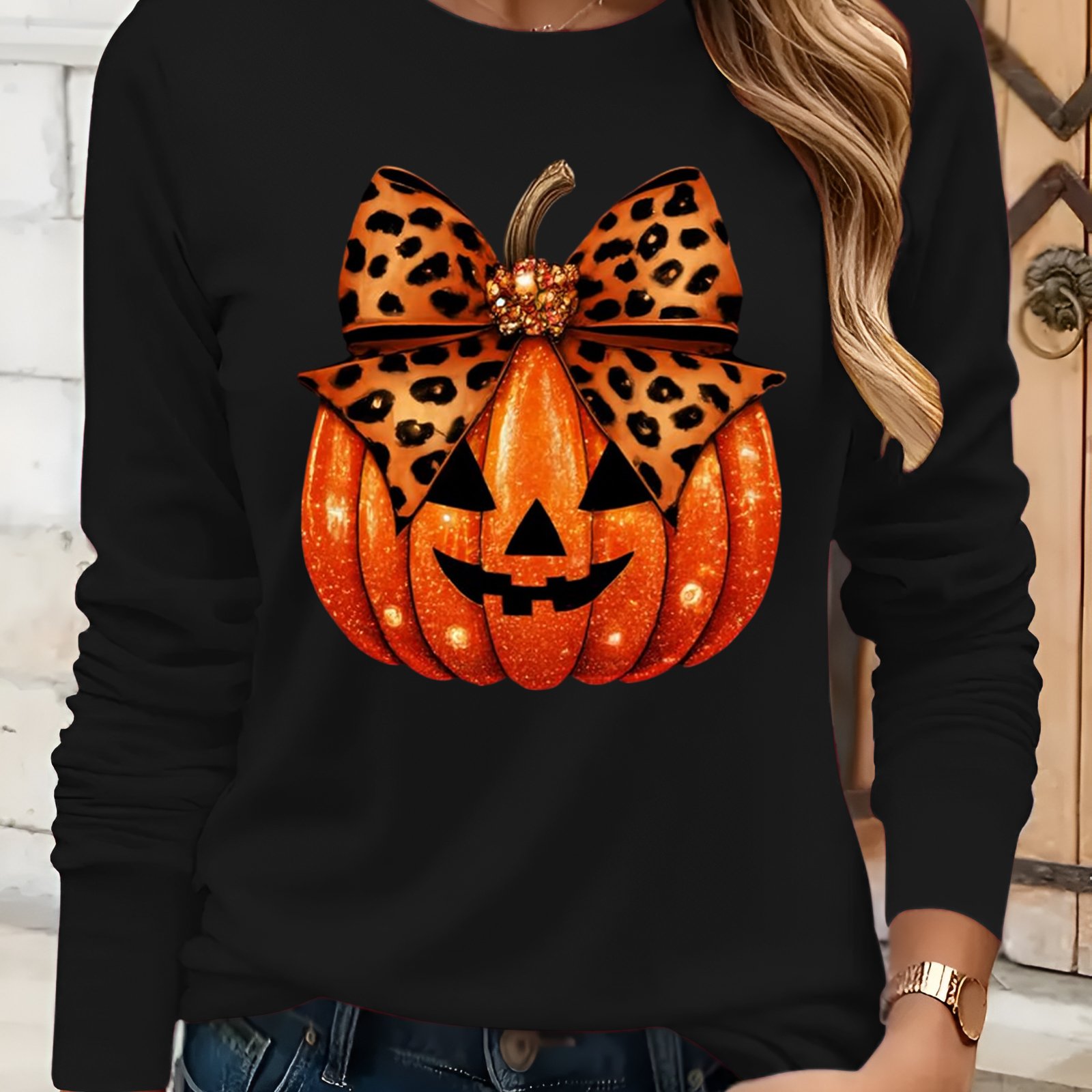 TEMU Women's Halloween Pumpkin T-shirt - Long Sleeve Crew Neck Top With Graphic - Non-see-through Fabric Fall Party Outfit - Machine Washable