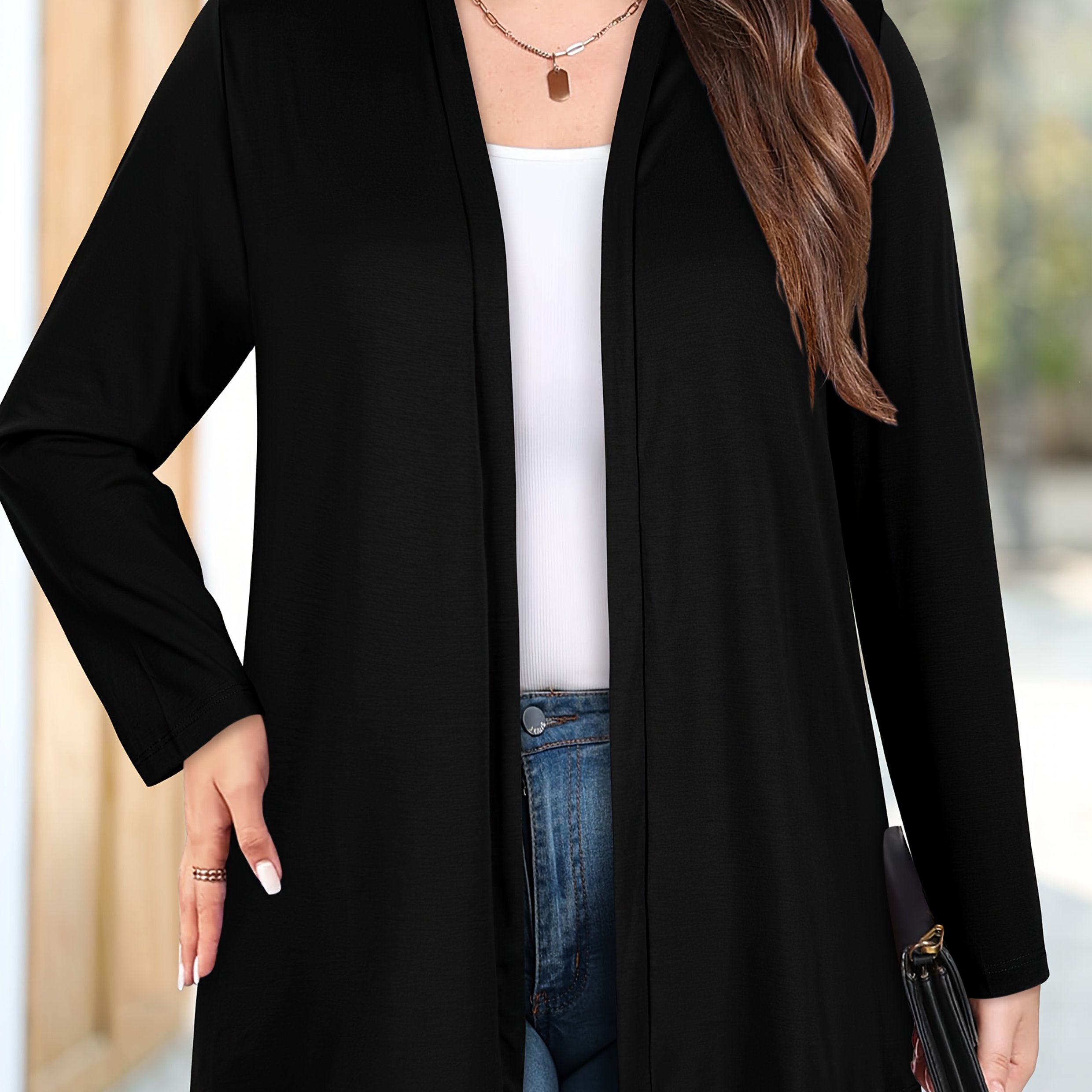 Plus Size - Plus Size - Women's Plus Size Mid-length Mid-sleeve Cardigan With Side-seam Pockets, Elegant Open Front Style For Spring Summer Fall Winter