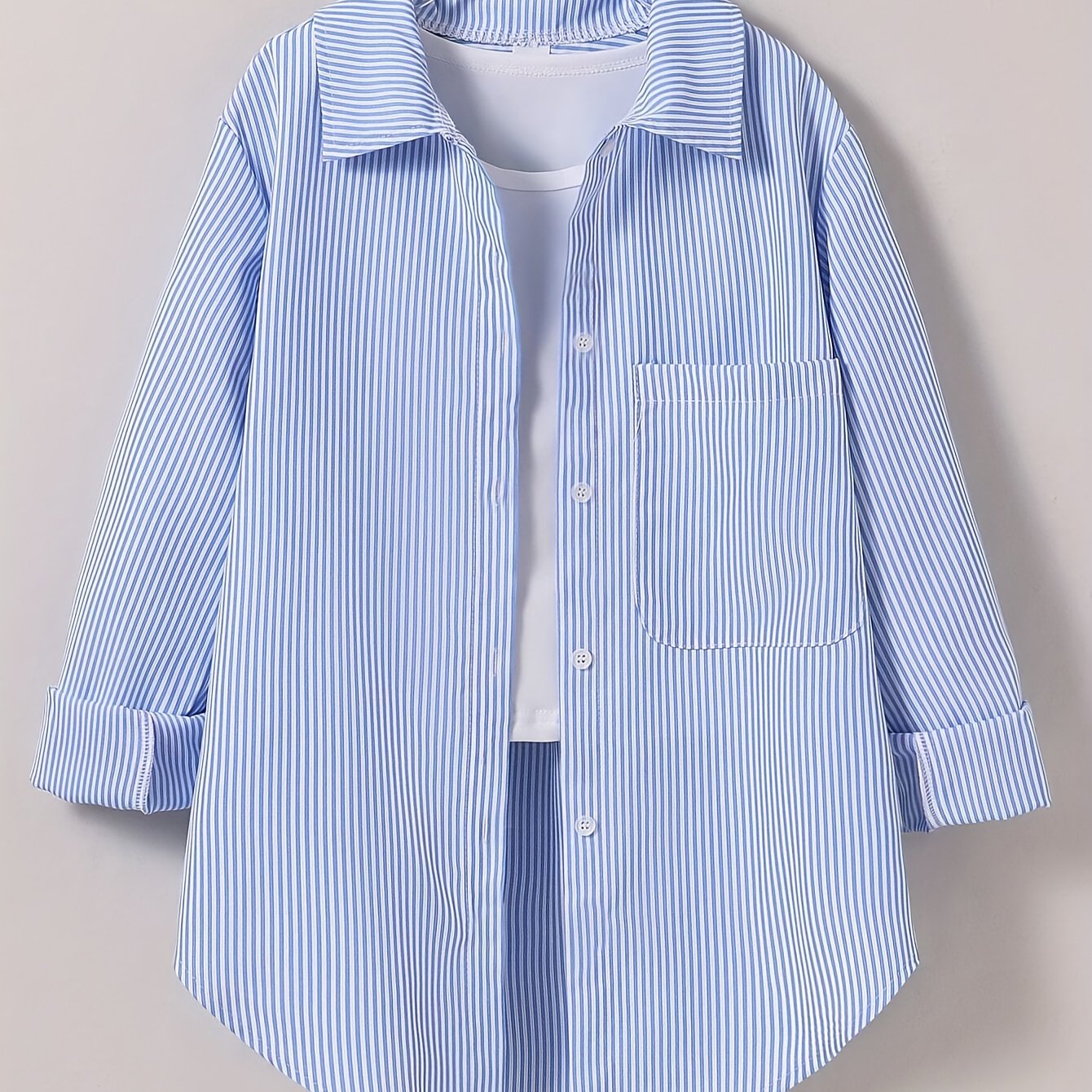Girls' Blue Casual Striped Shirt, Spring Summer Fall Suitable For Outdoor Travel Holiday Back To School Student [lingerie Not Included]