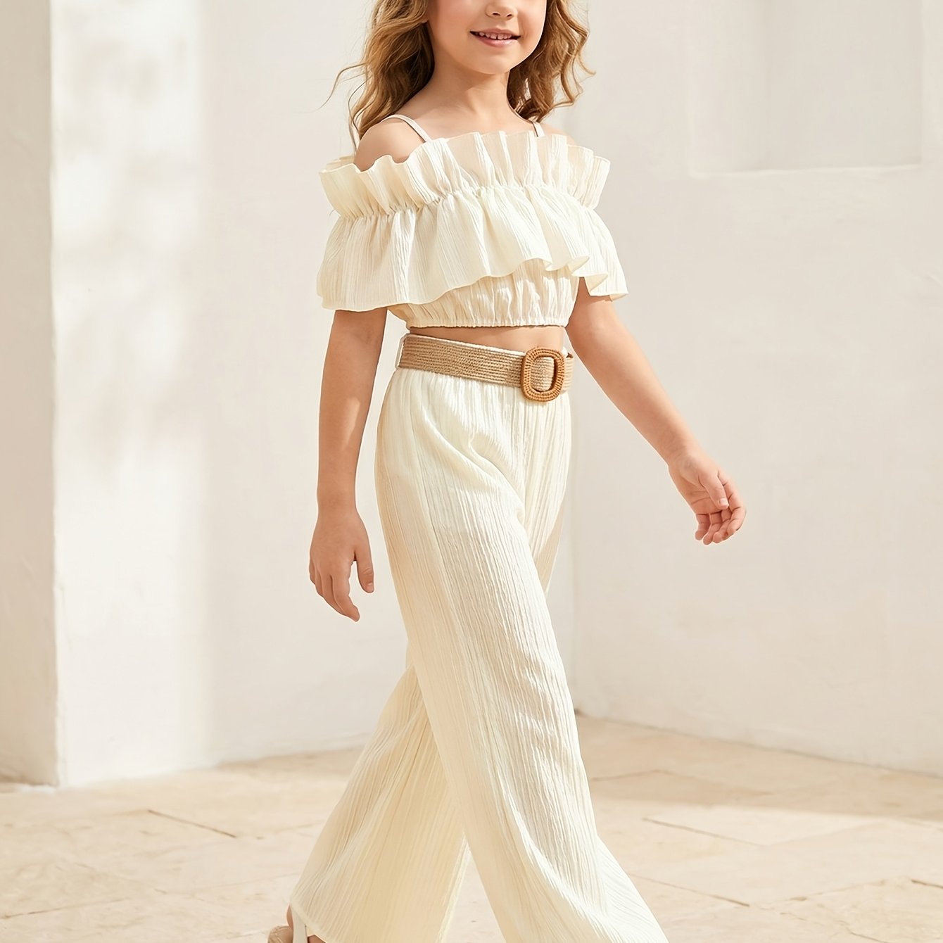 Casual Fashion Suit For Girls, Summer Suspender Ruffle Top And High-waist Wide-leg Pants Two-piece Outfit For Beach Daily Wear, For Outdoor
