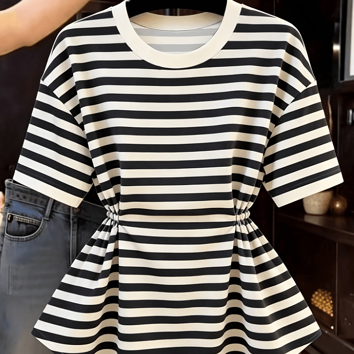 TEMU Women's Casual Striped Cinched Waist Round Neck Long Short Sleeve T-shirt