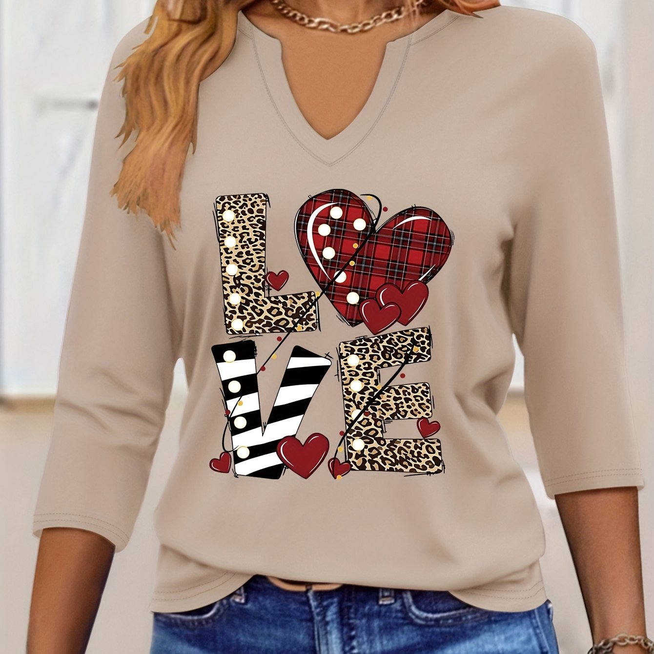 TEMU Camiseta con estampado , camiseta de cuello en V y , elegante top de color liso para y verano, ropa de mujer