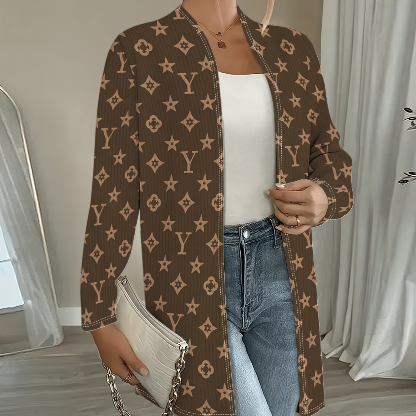 TEMU Women's Fashion Printed Open-front Cardigan, Lightweight Long Sleeve Kimono-style Jacket, Trendy Loose Fit, Suitable For Casual, Office, And