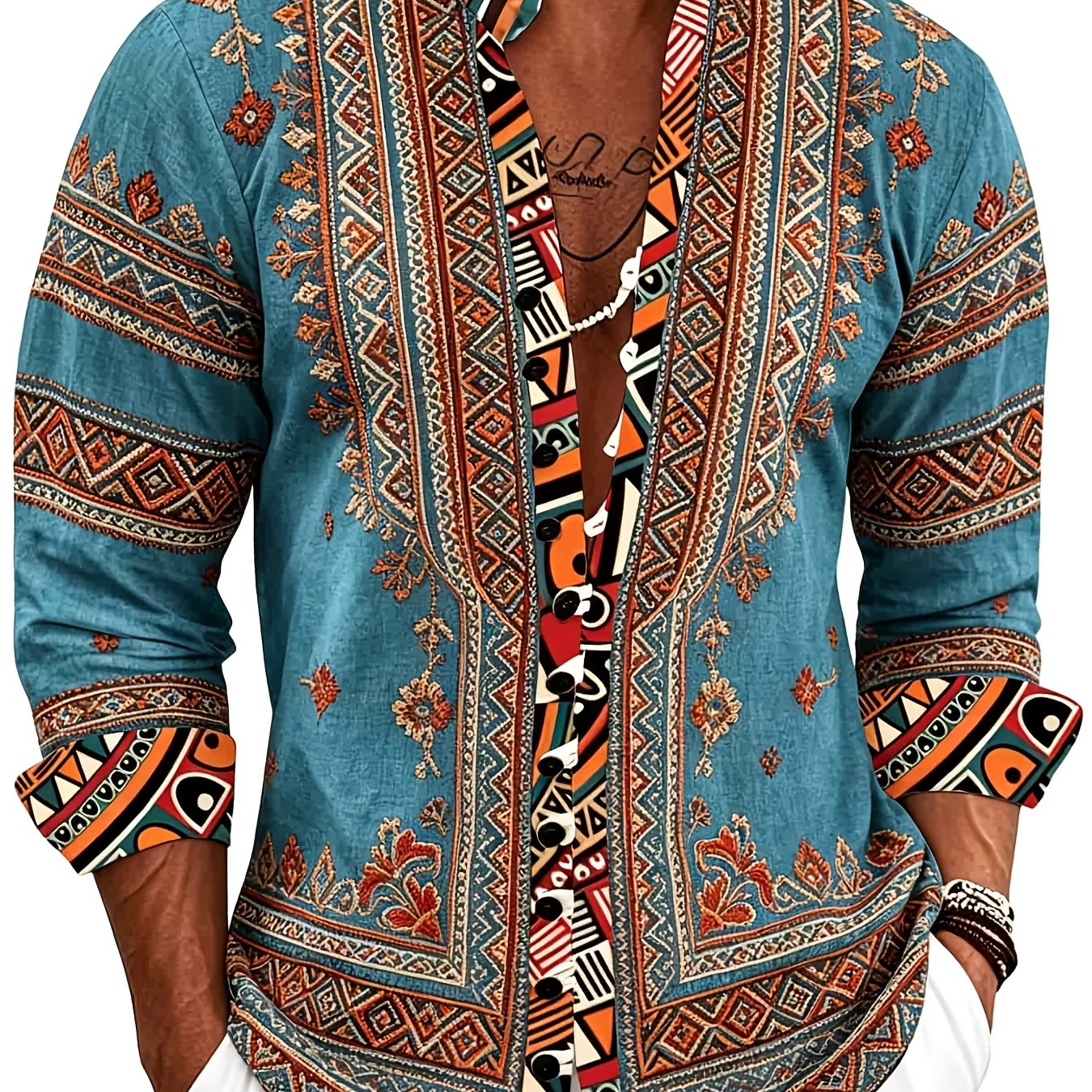 Image of Plus Size Men's Casual Shirt Faux Linen Printed Stand Collar Long Sleeve Button Shirt Bohemian Ethnic Tribal Street Style Tops For Beach Vacation Summer And Wear