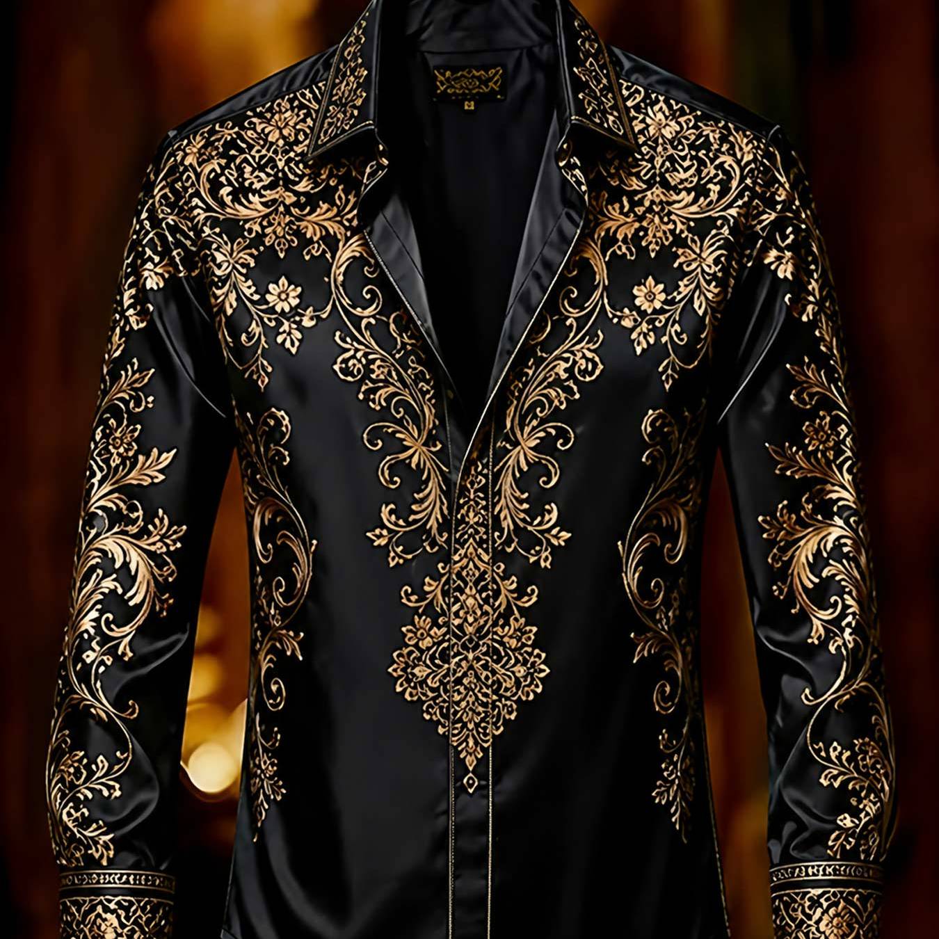 TEMU Men's Collared Longsleeve Shirt Golden Baroque Print Luxury Formal Wear
