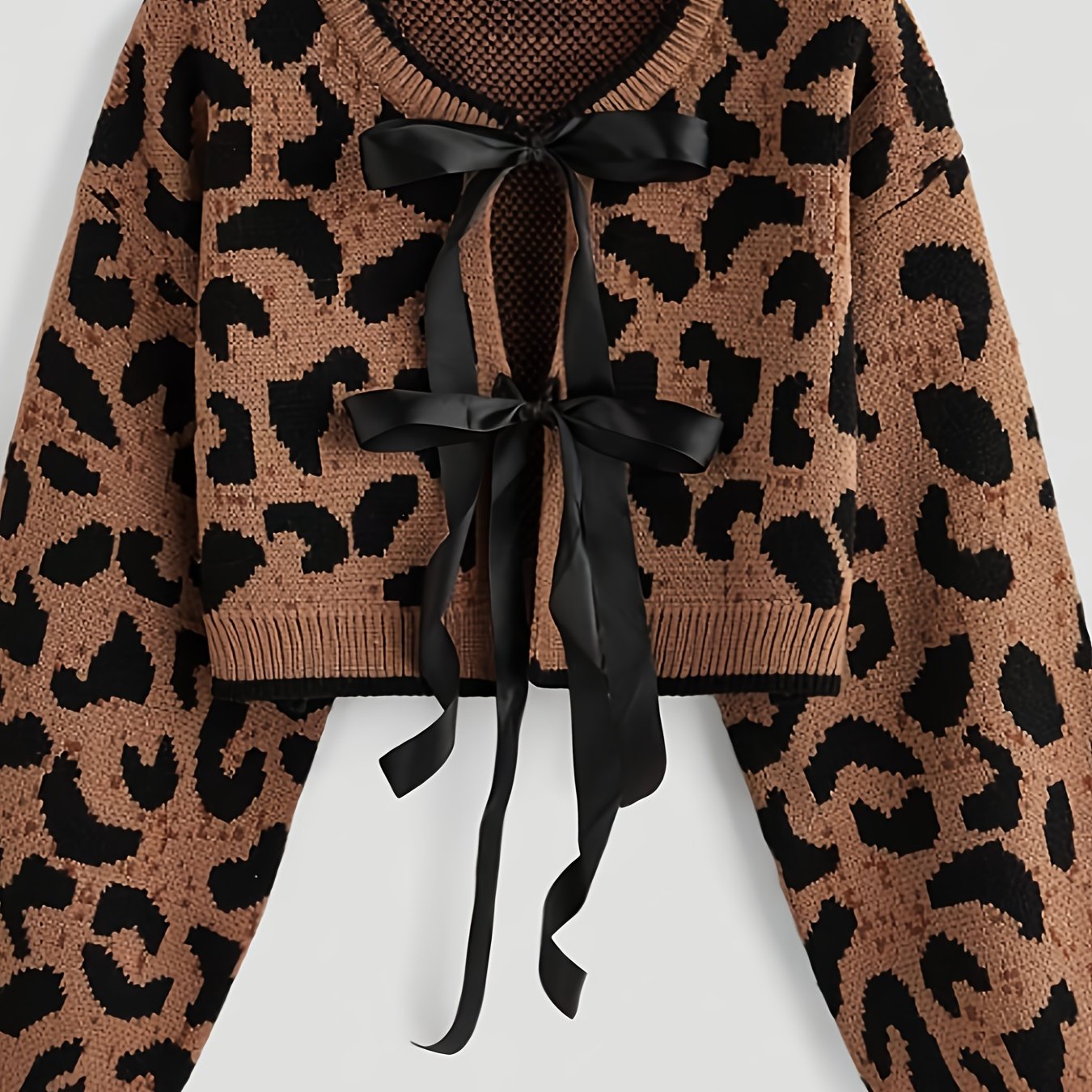 Women's Leopard Print Drawstring Open Cardigan Sweater Top