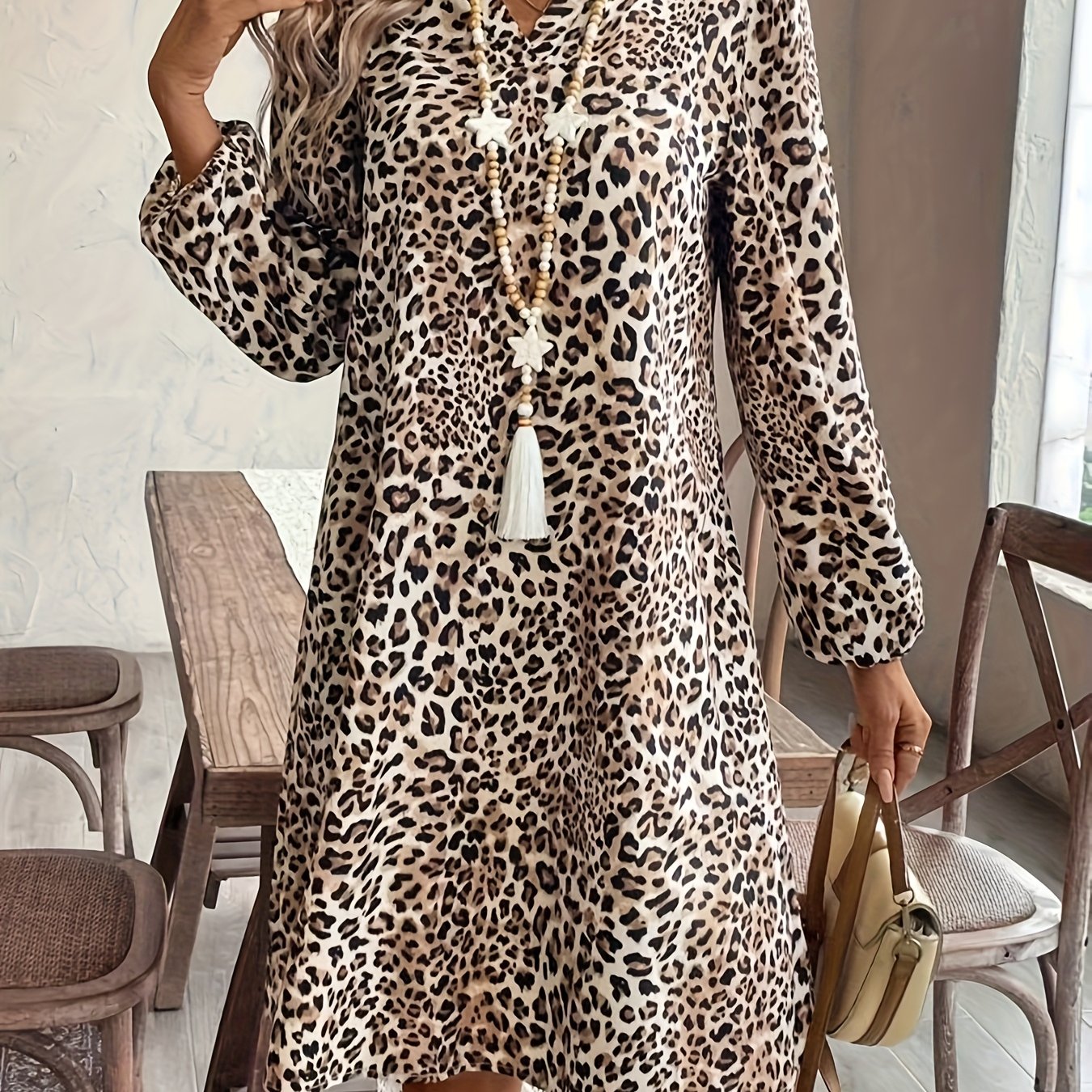 Leopard Stand Collar Western Style Regular Women's Dress