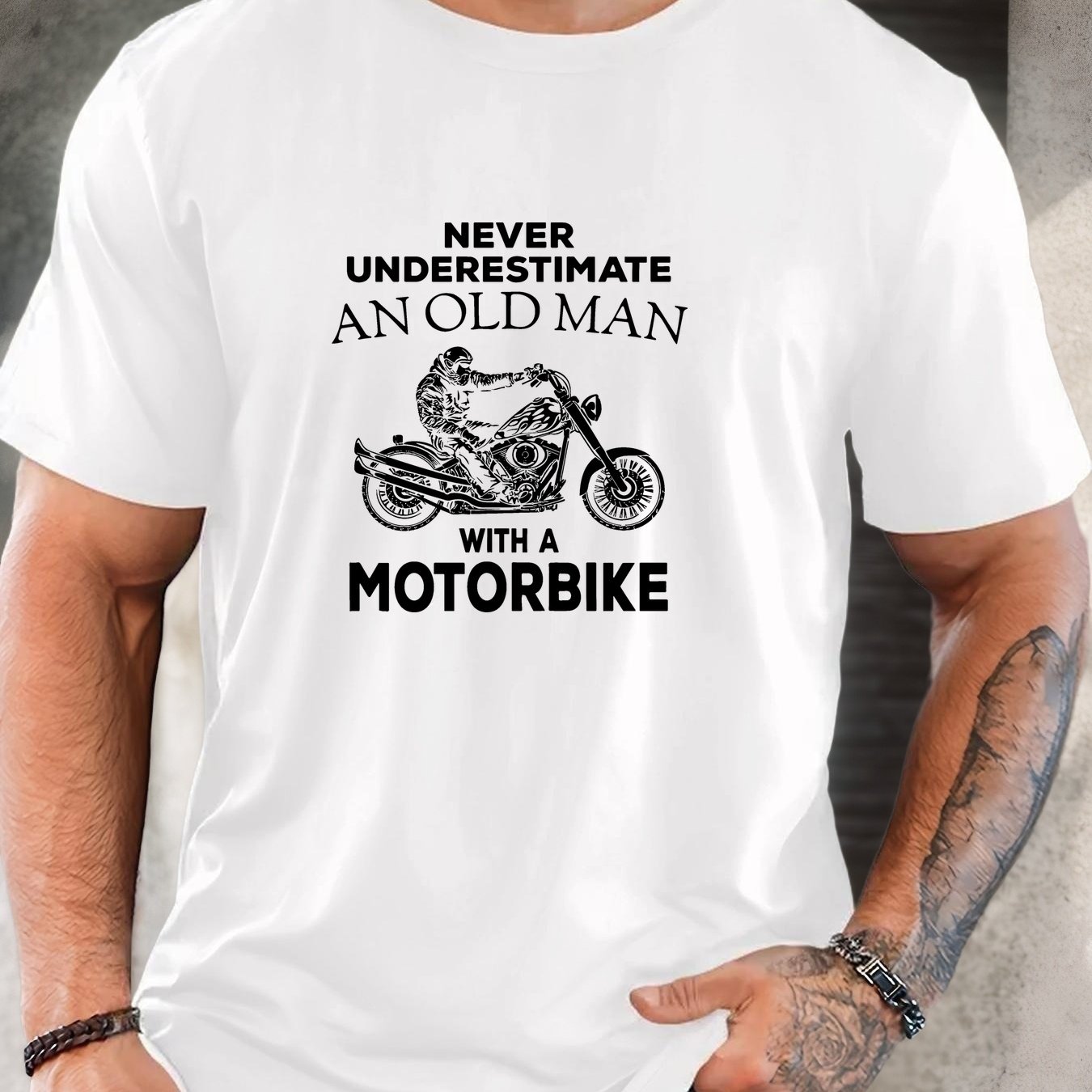 TEMU Men's Fun Motorcycle Slogan T-shirt - "never An Old Man With A Motorcycle" - Graphic Short Sleeve - Riding-casual Summer Top, Lightweight