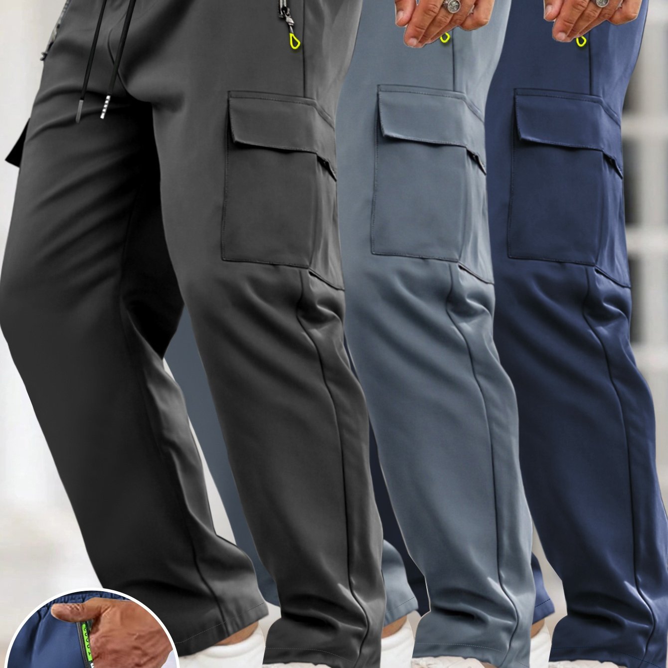 Image of 3pcs Men's Lightweight Cargo Pants With Drawstring Elastic Waist, Zippered Pockets, And Large Flap Pockets, Comfortable And Breathable For Outdoor And Daily Casual Wear