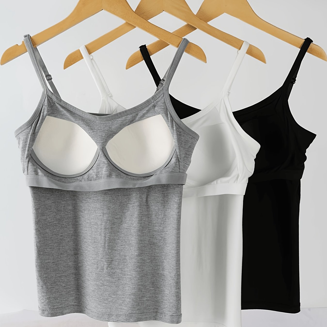 TEMU Plus Size, 3-pack Women's Comfortable Wide-shoulder Tank Top With Built-in Bra Pads, No Underwear Required, Simple And Fashionable, Suitable For