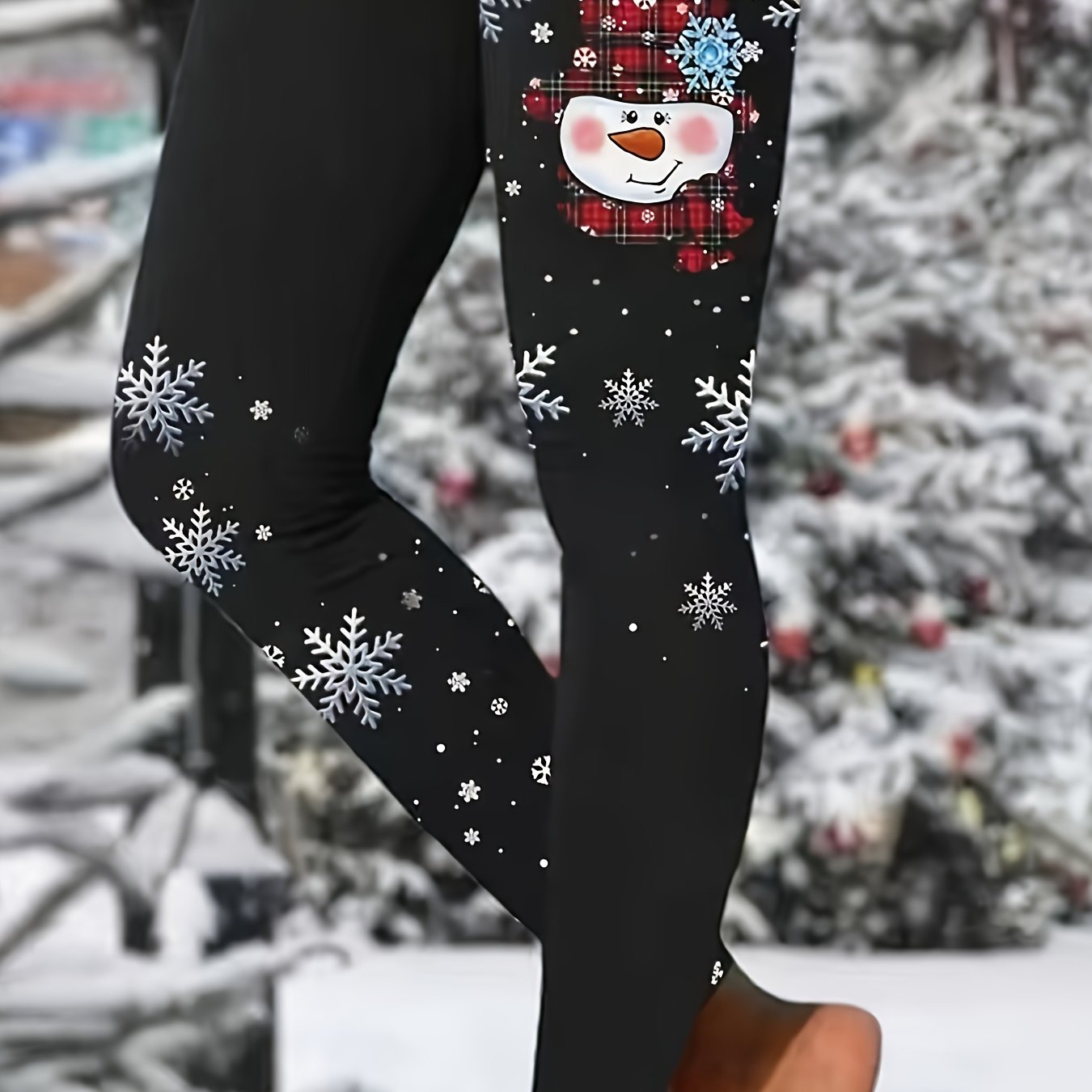 Image of Christmas Snowflake And Snowman Pattern Women's Tight Base Pants, Festive And Casual Wear