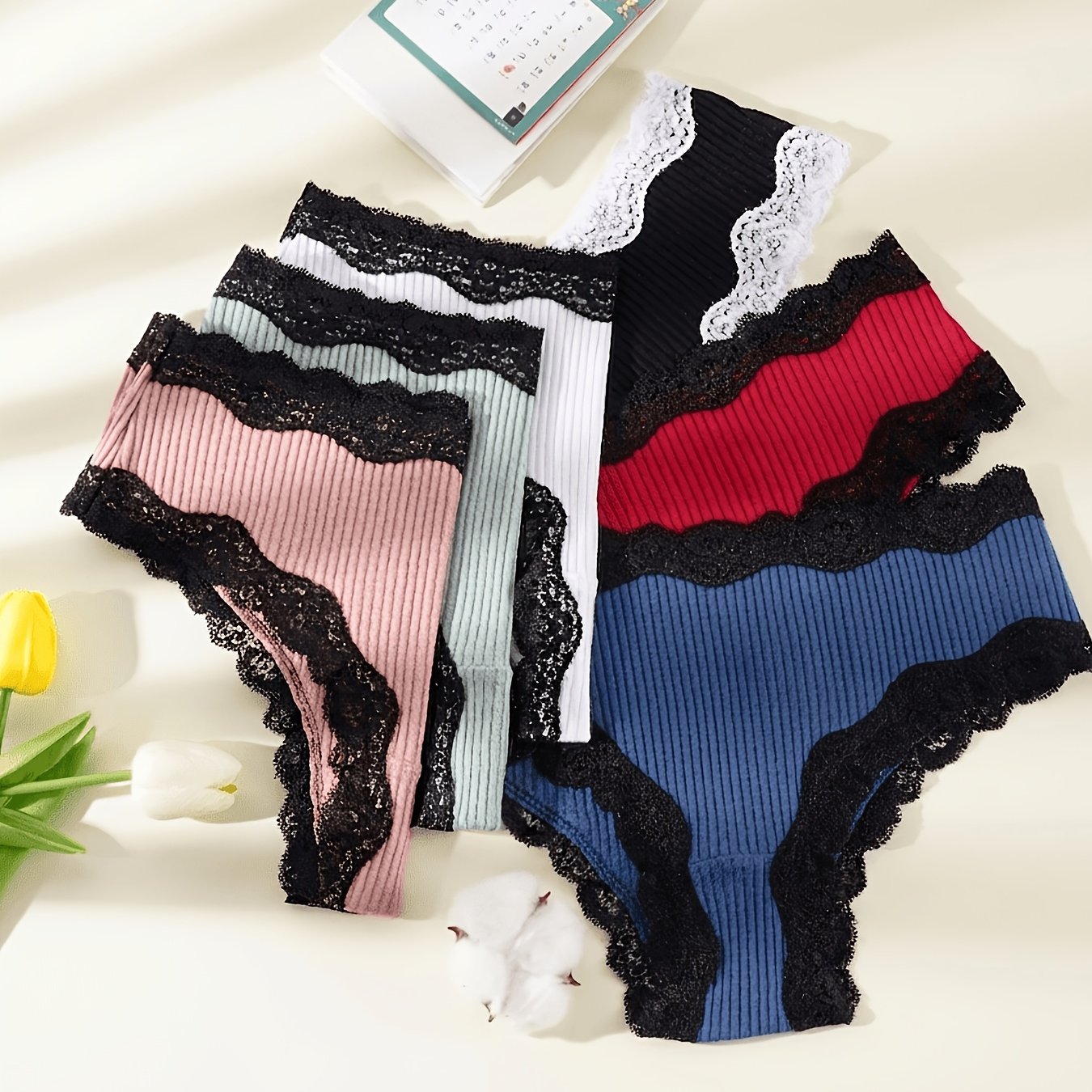 Image of Set Of 6 Women's Autumn And Winter Pure Ribbed Color-block Lace Spliced Stretchy Low-rise Panties