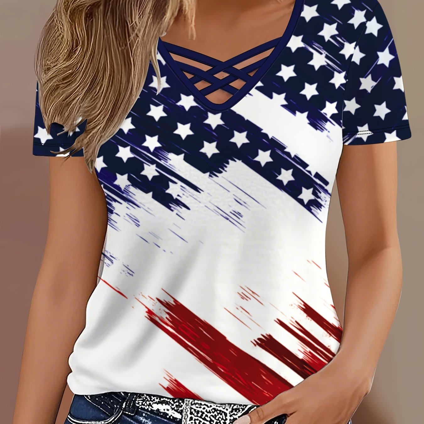 TEMU [targeted] [elegant Cross Design T-shirt] Summer New Cross V-neck Short-sleeved Women's T-shirt Slim-fit Slim And Sexy Hollow Out Bottoming Top