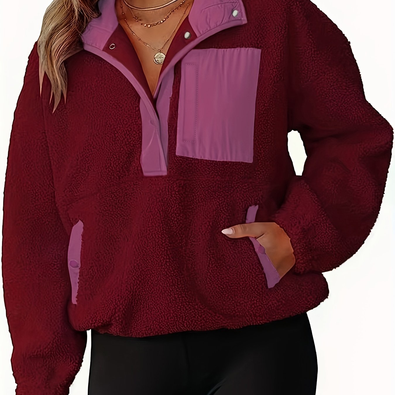 E-shop Damen Patchwork-Druck Halbknopf-Tasche Flauschiger Sweatshirt, Lässiges Drop-Schulter Langarm Stehkragen-Pullover für Herbst & Winter,