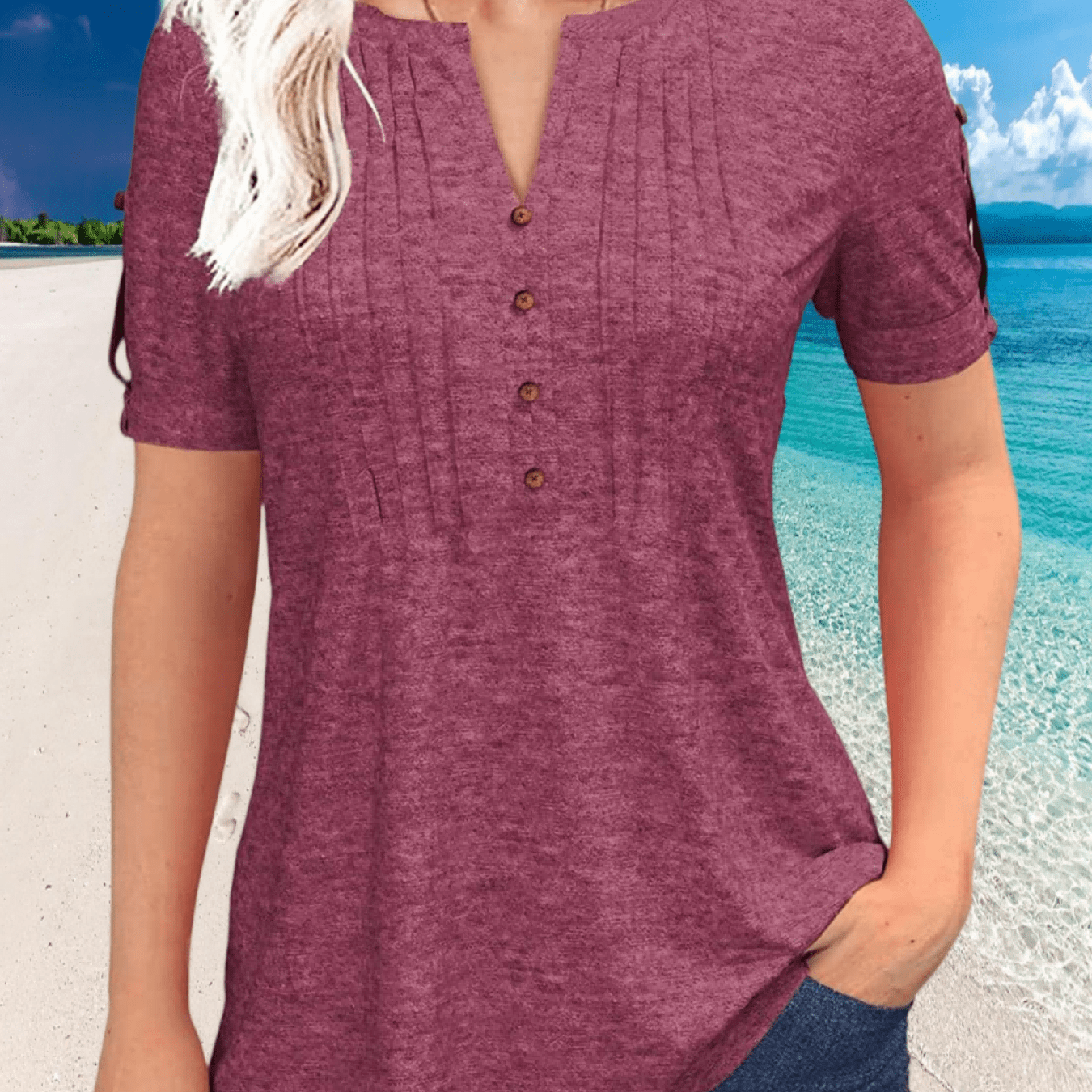 Image of Women's Spring Summer Zipper Pleated Button Short Sleeve T-shirt V-neck Solid Color Casual Top | Chic Style, Button Details