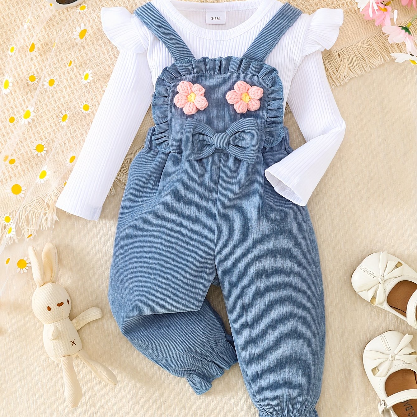 Image of Baby Girl Casual Cute Corduroy Floral Strap Pants + Ribbed Long-sleeved Top Set, For Outdoor