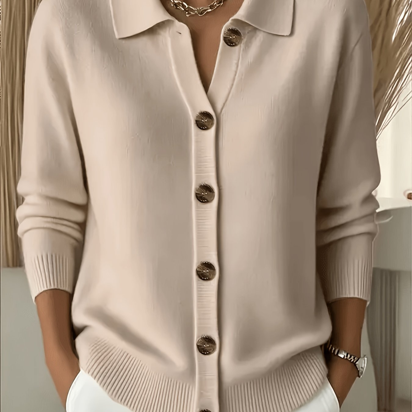 TEMU Gilet pour femme, pull, manches longues avec boutons sur le devant, col à , couleur unie, et élastique, poignets à volants, coupe , haut