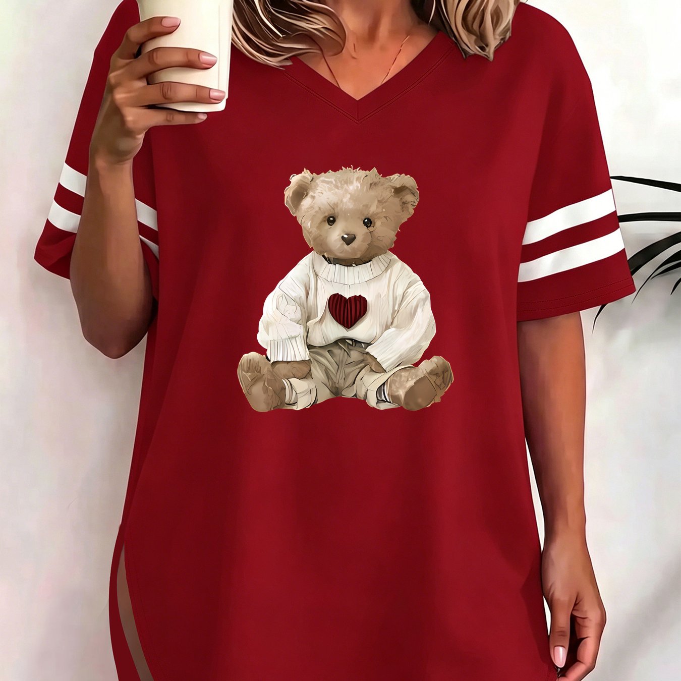 TEMU Plus Size - Wearing Red Heart Sweater Plush Bear, Plus Size Women's Short Sleeve T-shirt 1xl To 8xl, Fashionable -neck Side Slit Casual Top,