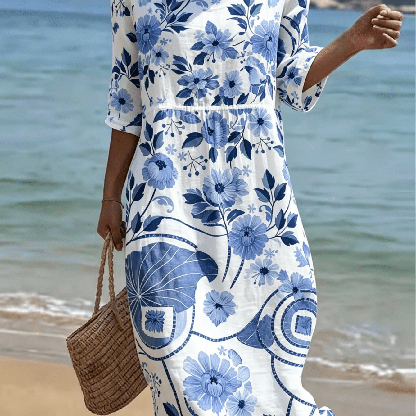 Image of Vintage Blue And White Porcelain Floral Print Midi Dress, Women Half Sleeve Round Neck Elastic Waist Loose Casual Beach Dress, Soft Lightweight Breathable Bohemian Summer Beach Vacation Sundress