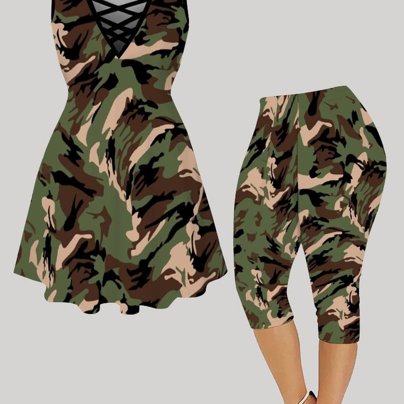 Image of Plus Size, Plus-size Women's Matching Set (crisscross Cami Top Dress + Capri Pants), Classic Trendy Prints, Suitable For Daily Commuting And Parties.