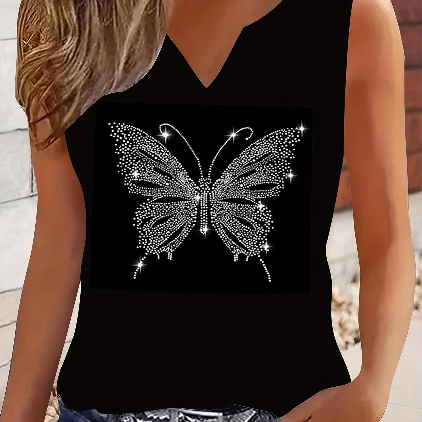 Image of Elegant Women's V-neck Tank Top, Fashionable Rhinestone Embellished Top
