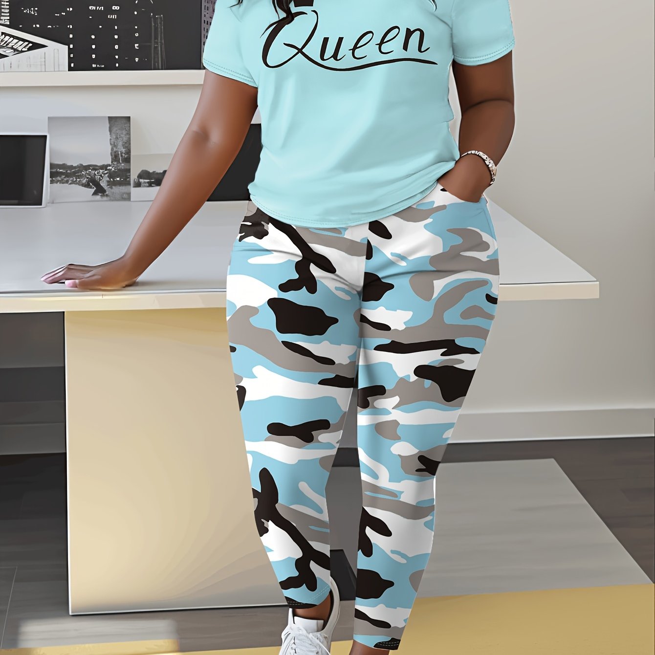 TEMU Plus Size, Women's Plus Size Casual Suit, Queen Letter Print Camouflage Pants Mix, Pants With Pockets