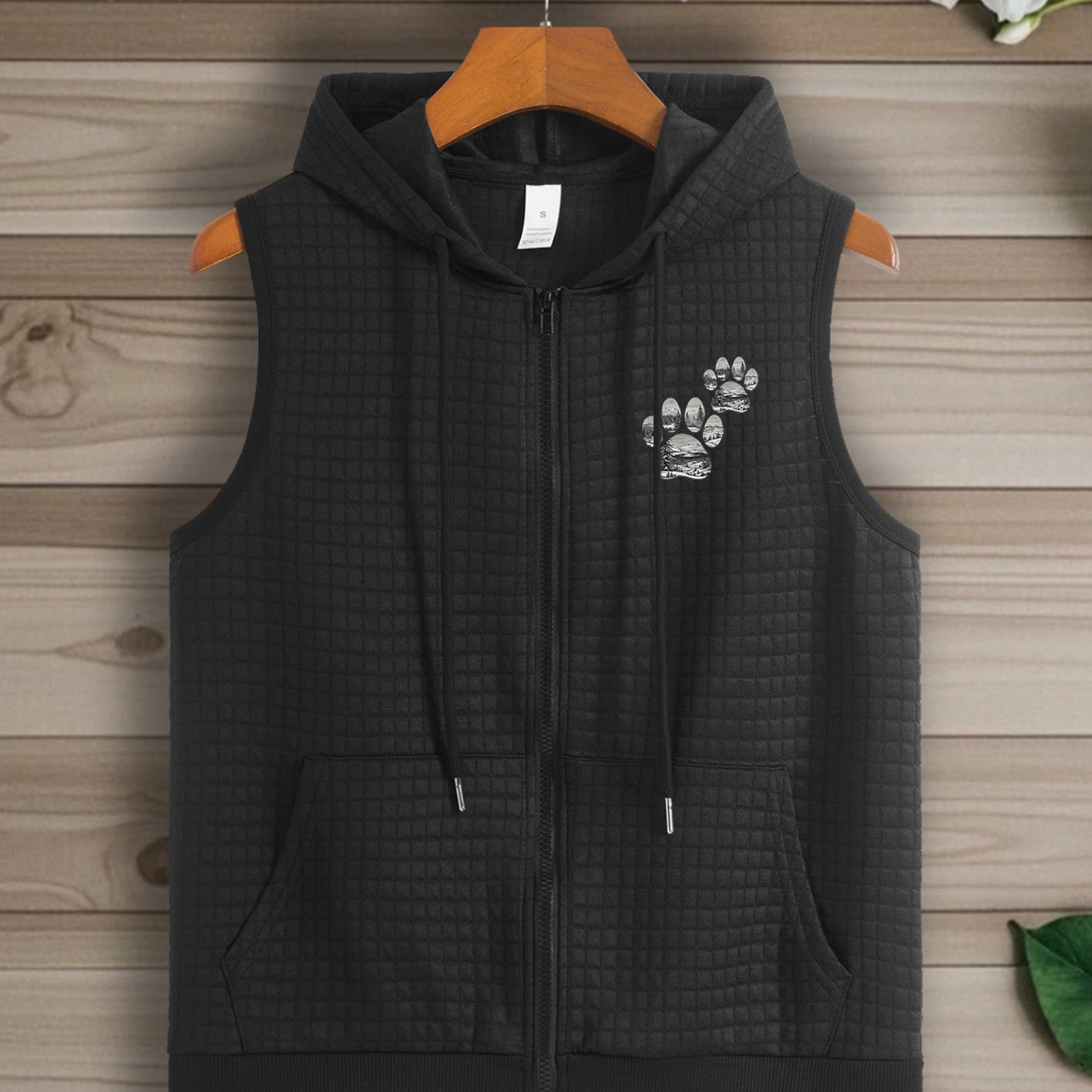 TEMU Women's Vest With Palm Print Pattern And Zipper, Polyester Sleeveless Jacket With Pockets