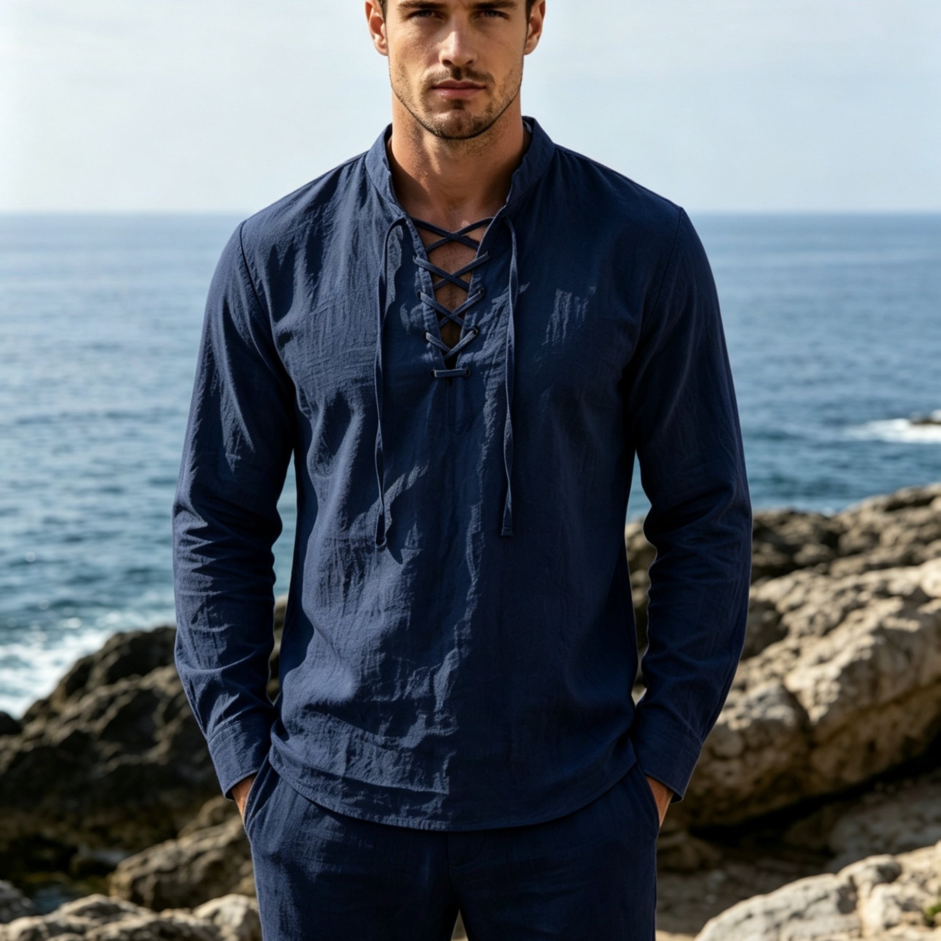 TEMU European And Men's Lace-up Henley Collar Long-sleeve Shirt, Simple Solid Color Pullover