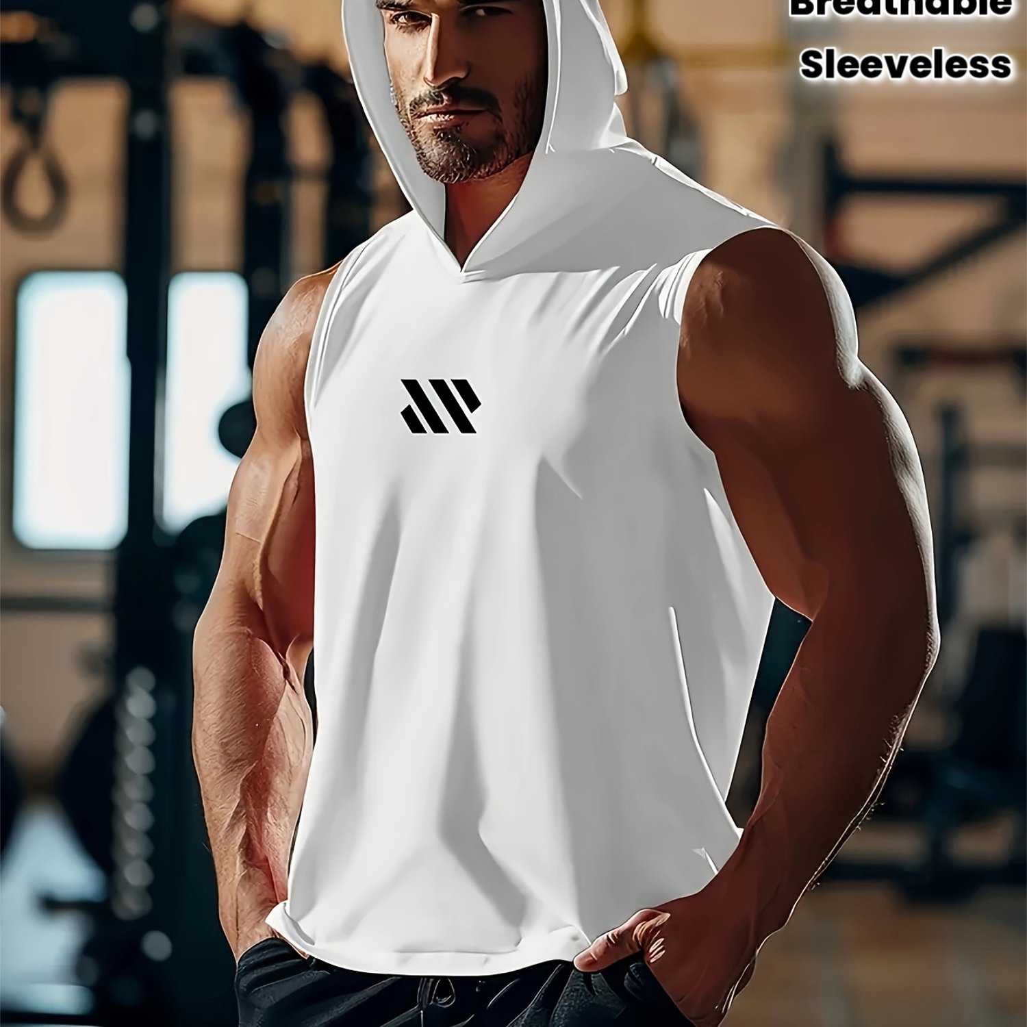 TEMU [printed Design - Not Textured] Men's Quick-dry Moisture-wicking Breathable Vest For Sports And Fitness, Printed Sleeveless Hooded Vest For