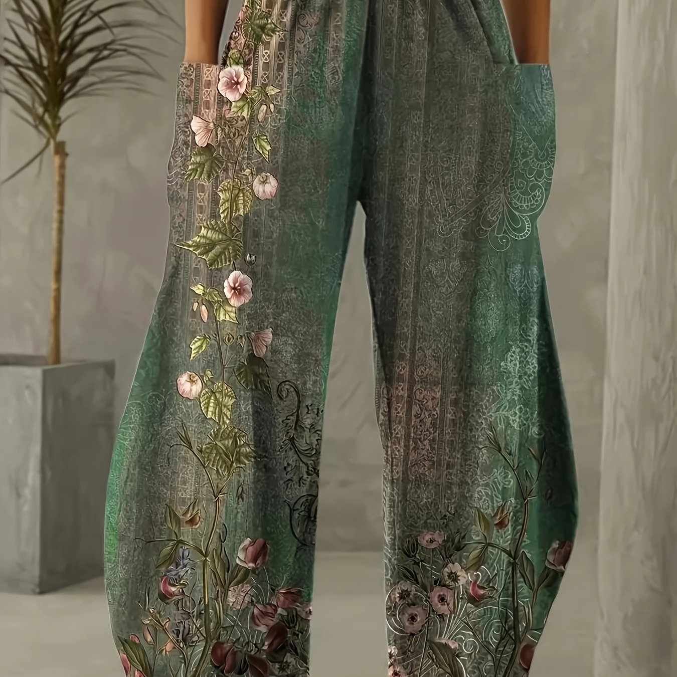 E-shop Elegante, hochtaillierte Hosen mit weitem Bein und Druck, elastischem Bund, leichtes Design