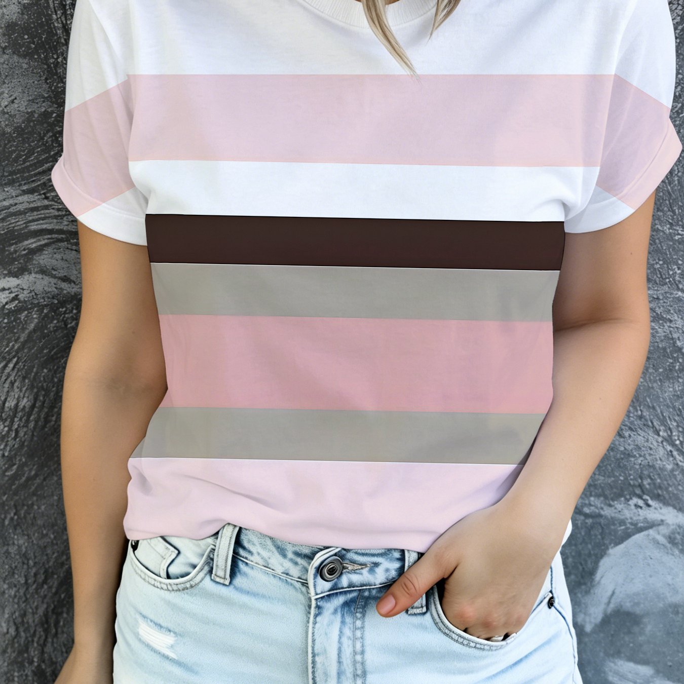 TEMU Summer Women's Fashion Casual Simple Round Neck Versatile Short Sleeve T-shirt Striped Ladies' Top With Printed Pattern