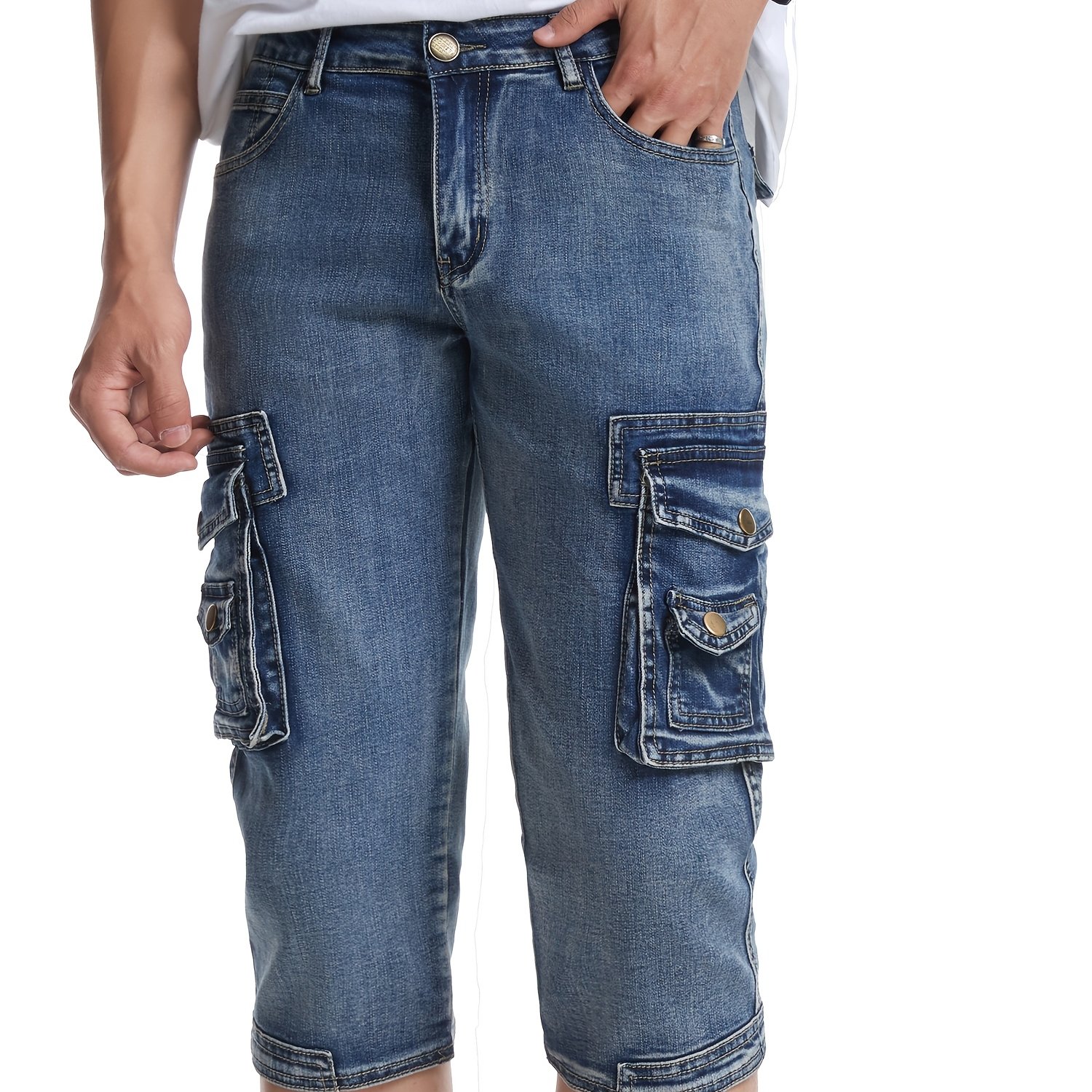 3/4 Men's Stretchy Multi- Cargo Biker Motorcycle Long Denim Shorts Jeans Jorts