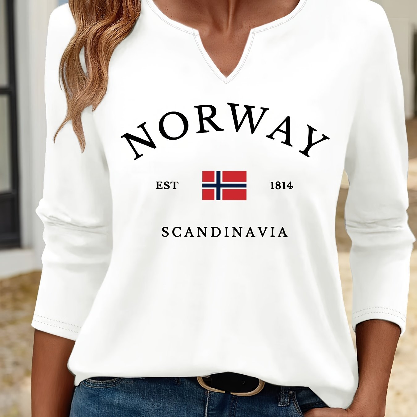 Image of Graphic Print T-shirt, Long Sleeve V Neck Casual Top For Spring And Fall, Women's Clothing