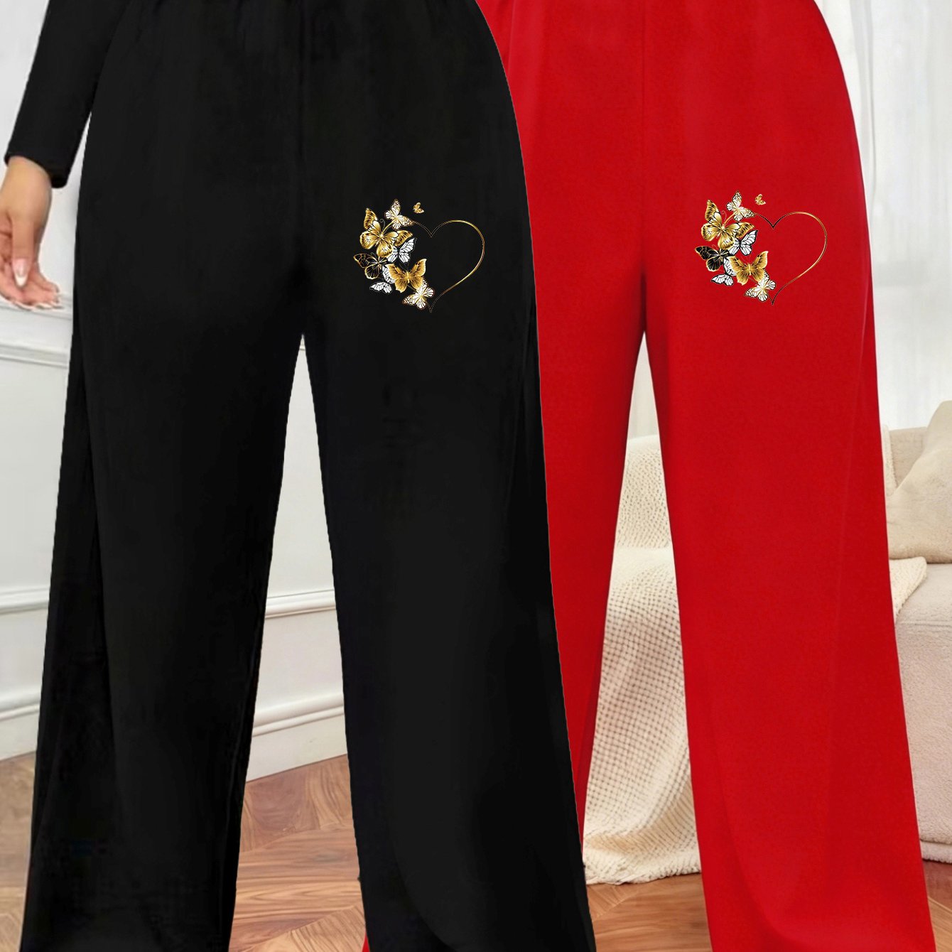 TEMU Plus Size, Women's Plus Size 2pcs Casual Jogger Set - Oversized Elastic Pants With Heart & Design, Perfect For Outdoor S,, And Casual Wear -
