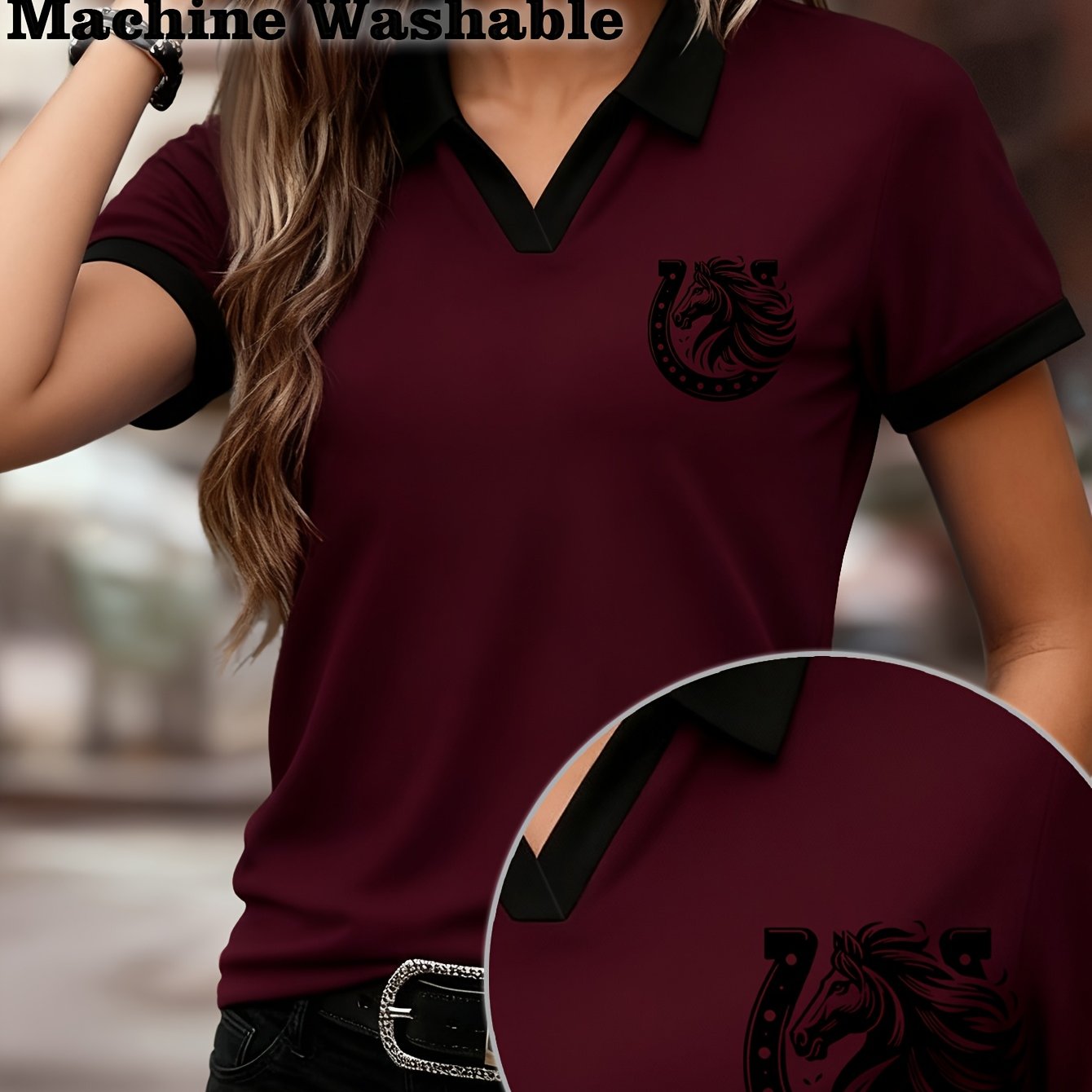 TEMU Women' & -themed Shirt - Short Sleeve Casual Top With Collar, Horse Letter Print (), Relaxed Fit For Outdoor Riding & Casual Attire, Machine