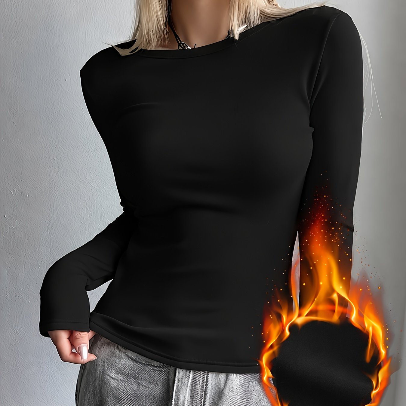 Image of Autumn/winter Women's Warm Top, Solid Color Long Sleeve Layer
