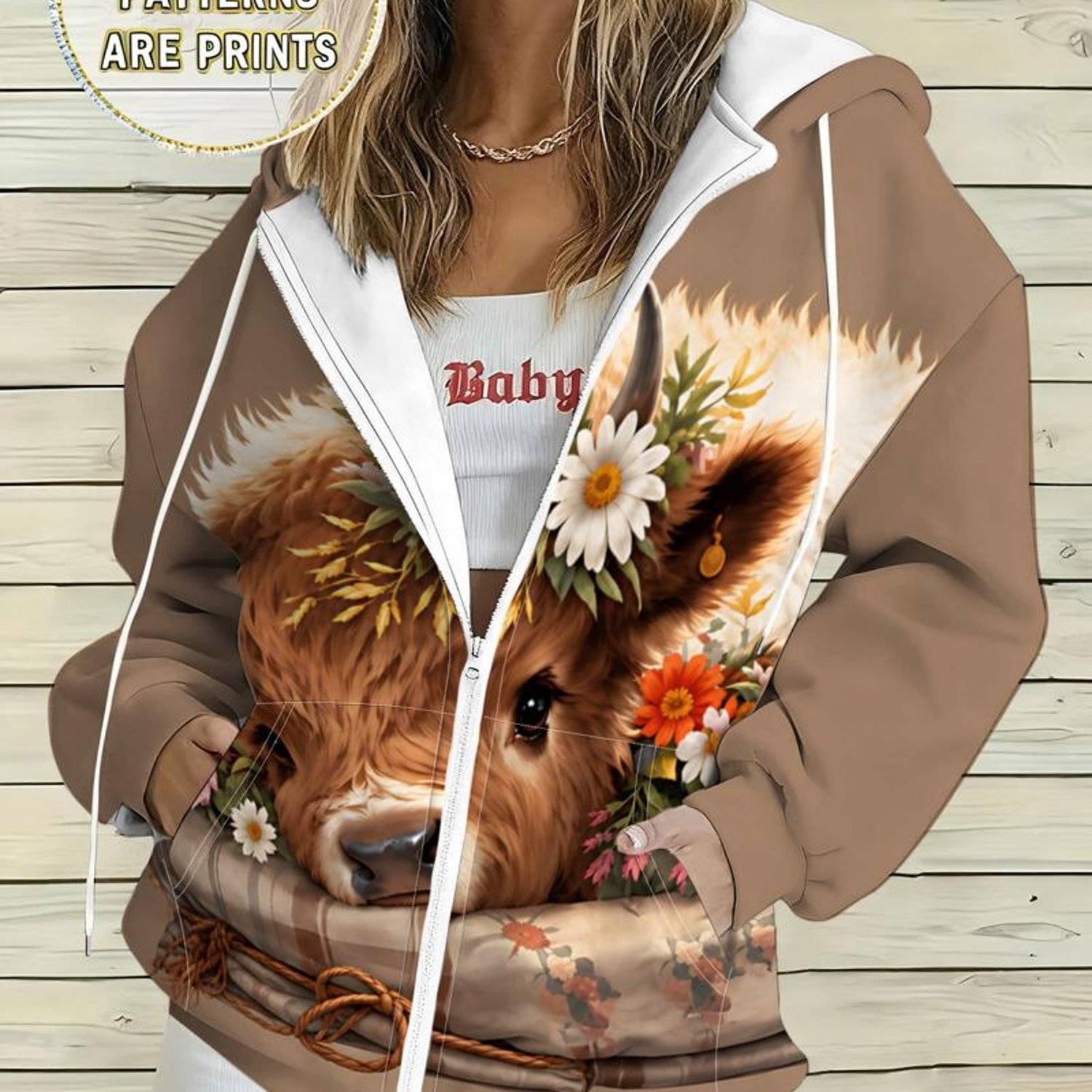 TEMU Plus Size, Women's Plus Size Casual Hooded Jacket In With Highland Calf And Daisy Flower Print, Loose Fit Zip-up Outerwear