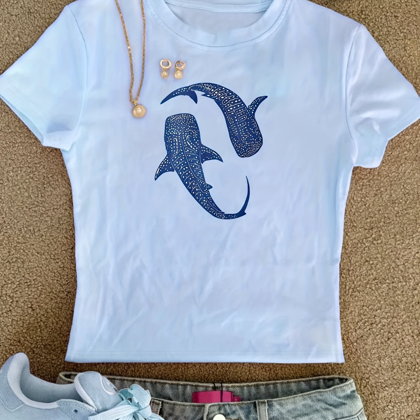 TEMU 00008- Women's Bodycon Top, Creative And Fashionable Whale Print, Pure Desire Korean-style Y2k Summer Crew Neck Short Sleeve T-shirt, Women's