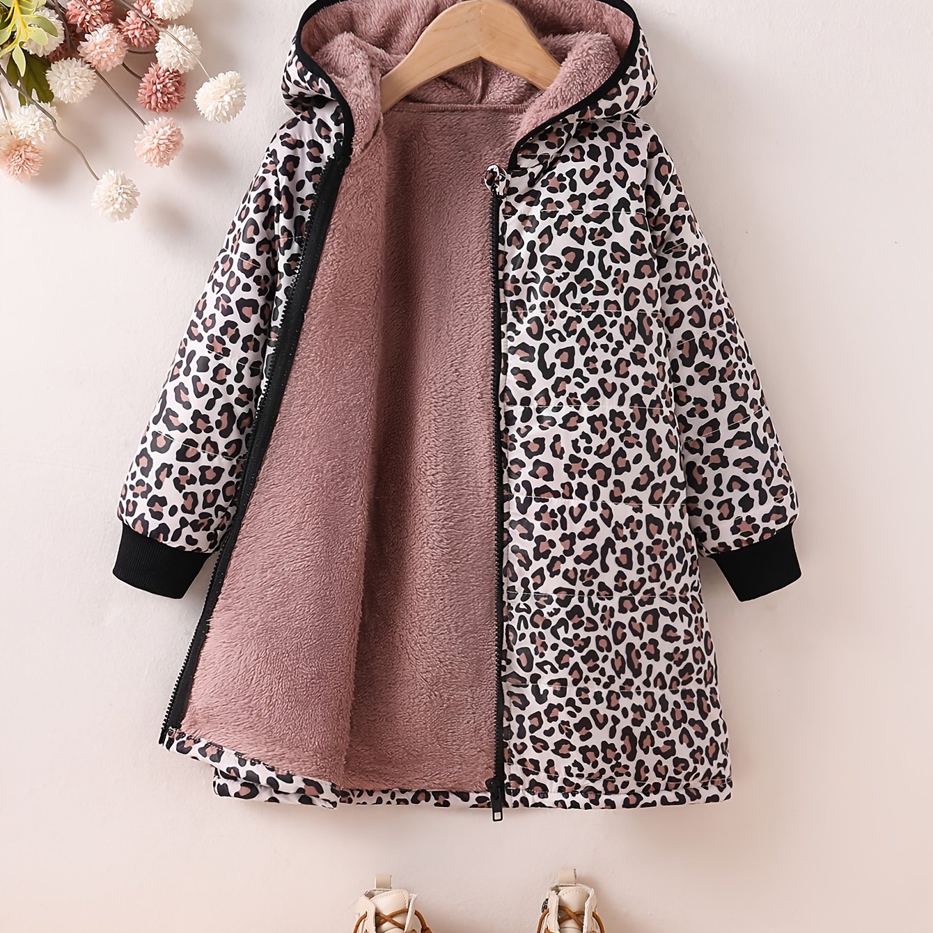 TEMU Girls' Hooded Fleece-lined Thick Jacket, Leopard Print Zip-up Jacket, Design Fall Winter Essential, , Suitable For Toddlers, Machine Washable Top For Girls, Ideal For School, , Casual Winter Wear