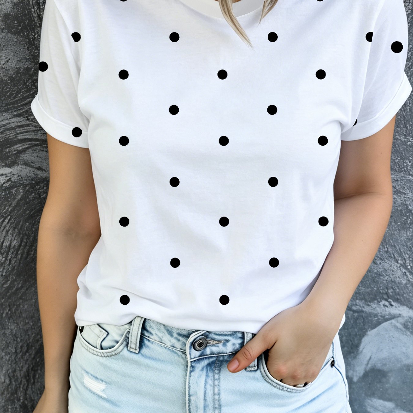 TEMU Women's Casual Round Neck T-shirt, Black Small Polka Dot Pattern, Fashionable Summer Casual Short Sleeve, Suitable For Daily Wear