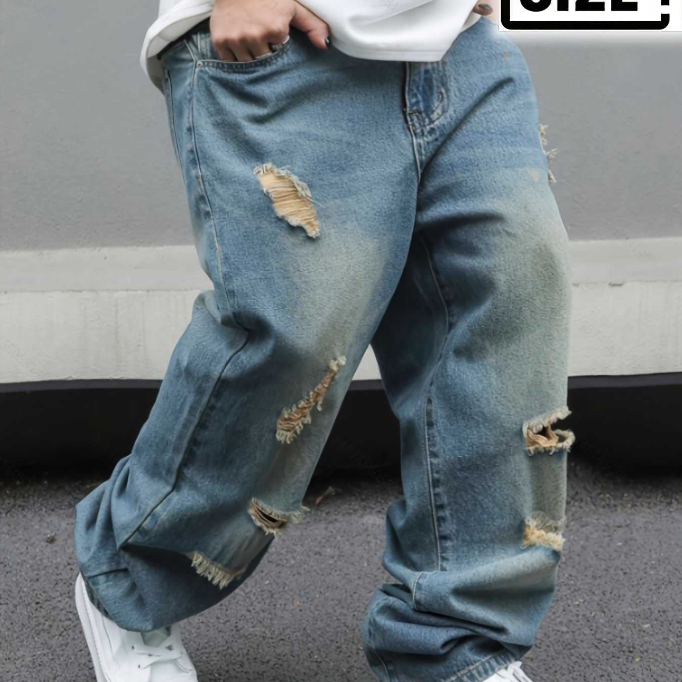 Image of [hme]s306 Plus Size Men's Loose Ripped Washed Jeans, High-strength Wear-resistant Denim, Frayed Ripped Details, Machine Washable, Oversized Casual Straight Fit., Plus Size