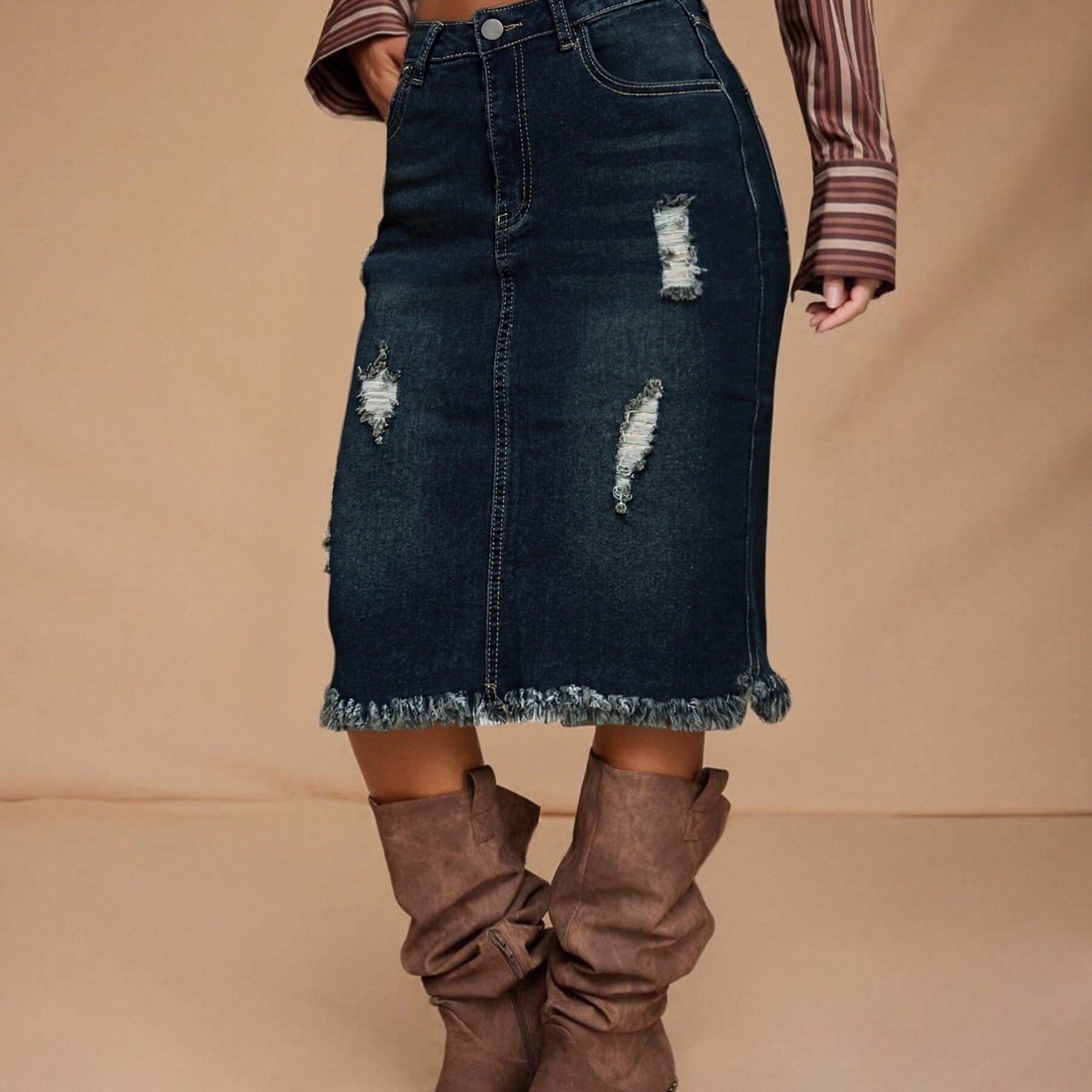 TEMU 1pc | Women's Ripped Denim Bodycon Skirt With Frayed Hem And Pockets | , Knee High, Solid Color, Vintage Style, Perfect For Dates |