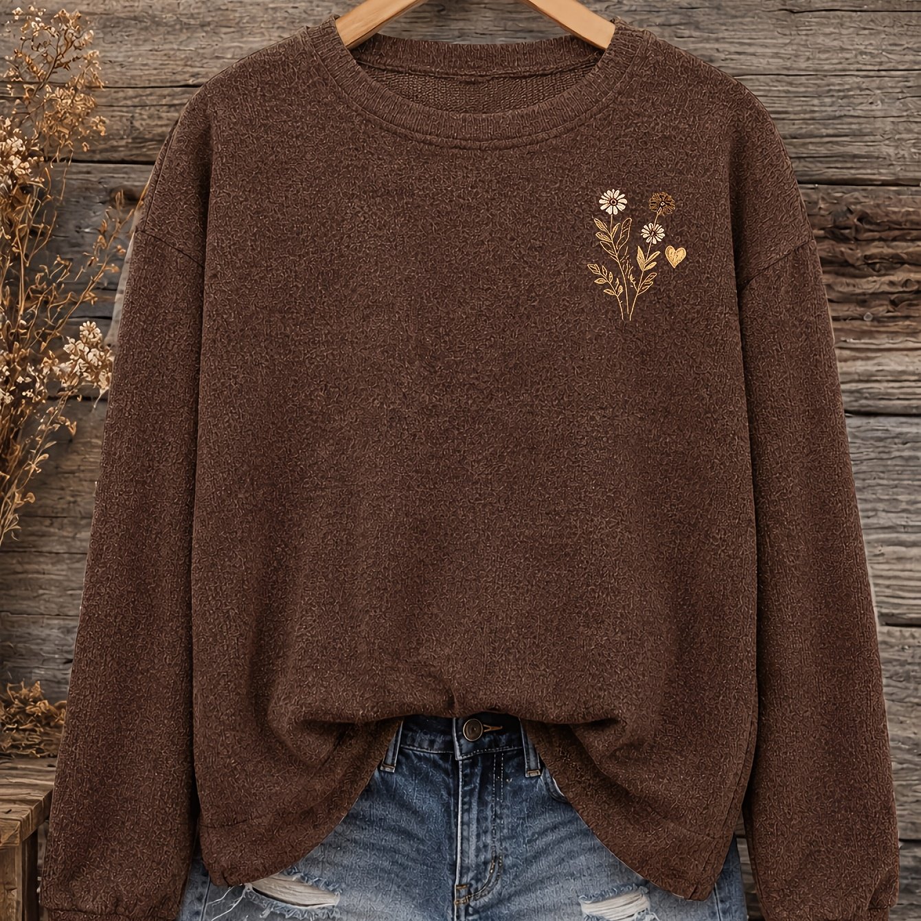 TEMU Women's Fashion Casual Long Sleeve Top, Small Daisy Print Loose Versatile Round Neck Pullover Sweater