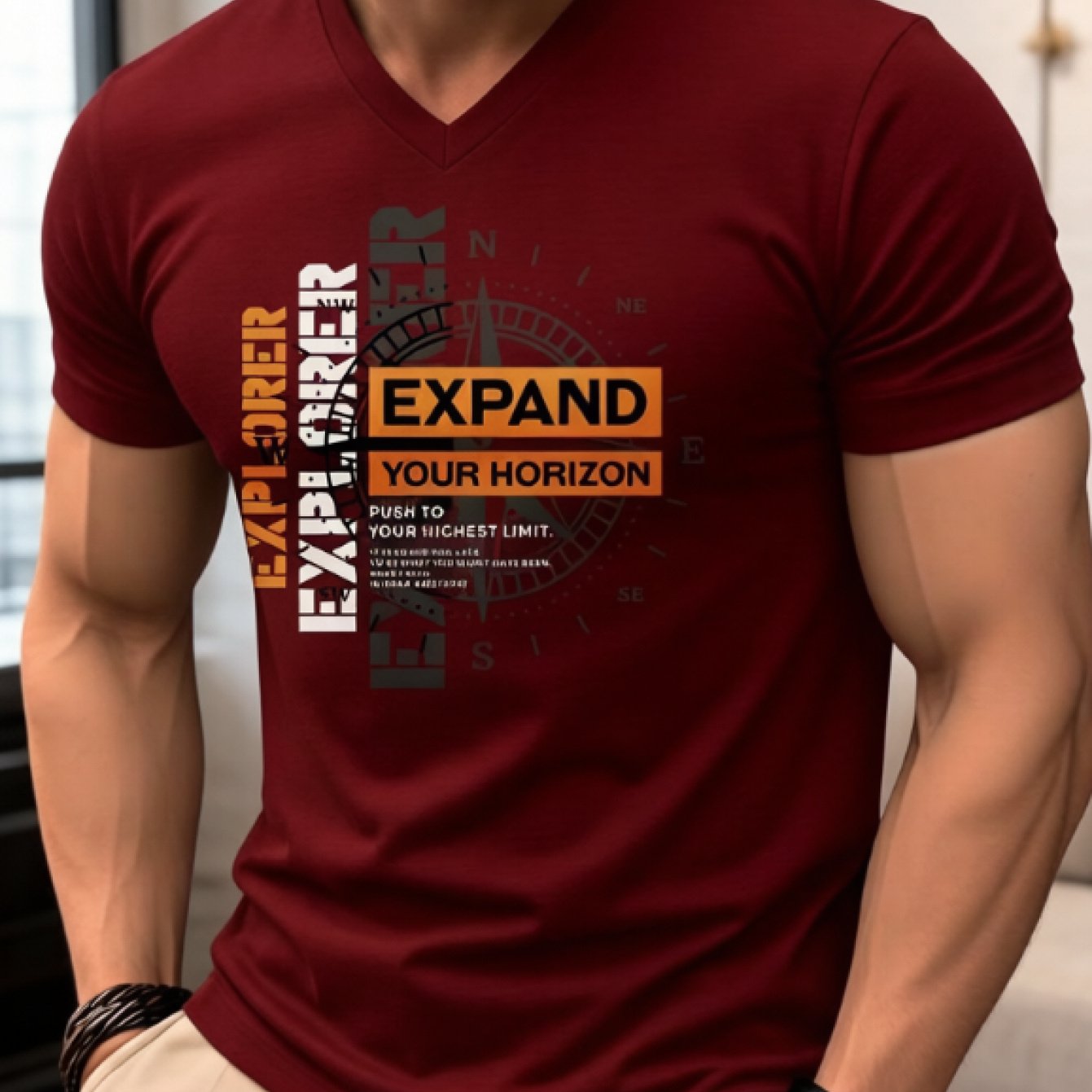 TEMU Men's T-shirt - Summer Short Sleeve Lightweight Top, Trendy Fashion Slim Fit V-neck, Casual Daily Versatile, Compass Pattern Letter Print,