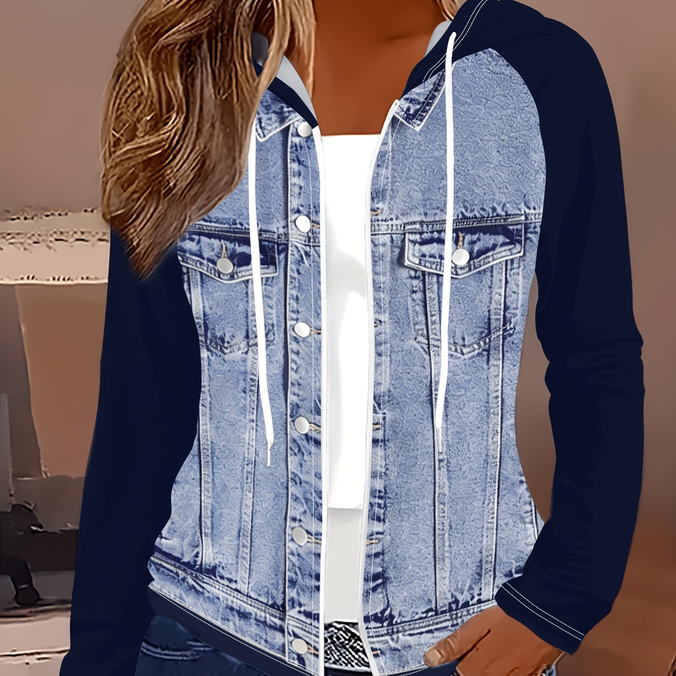[printed Pants - Not Denim Fabric]qc Printed Design Non-denim Fabric Denim Solid Color Contrast Women's Jacket