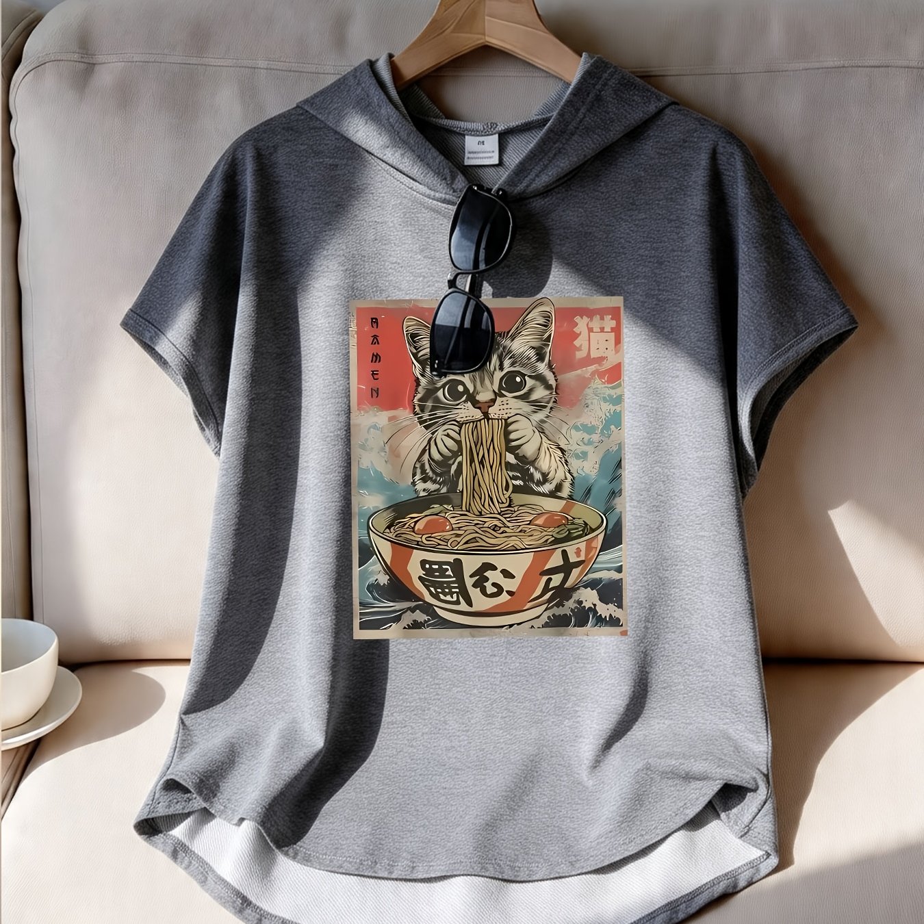 TEMU Gilet une pièce élégant pour femme, style , avec capuche, manches chauve-souris et imprimé graphique d'un chat mangeant des nouilles, plusieurs