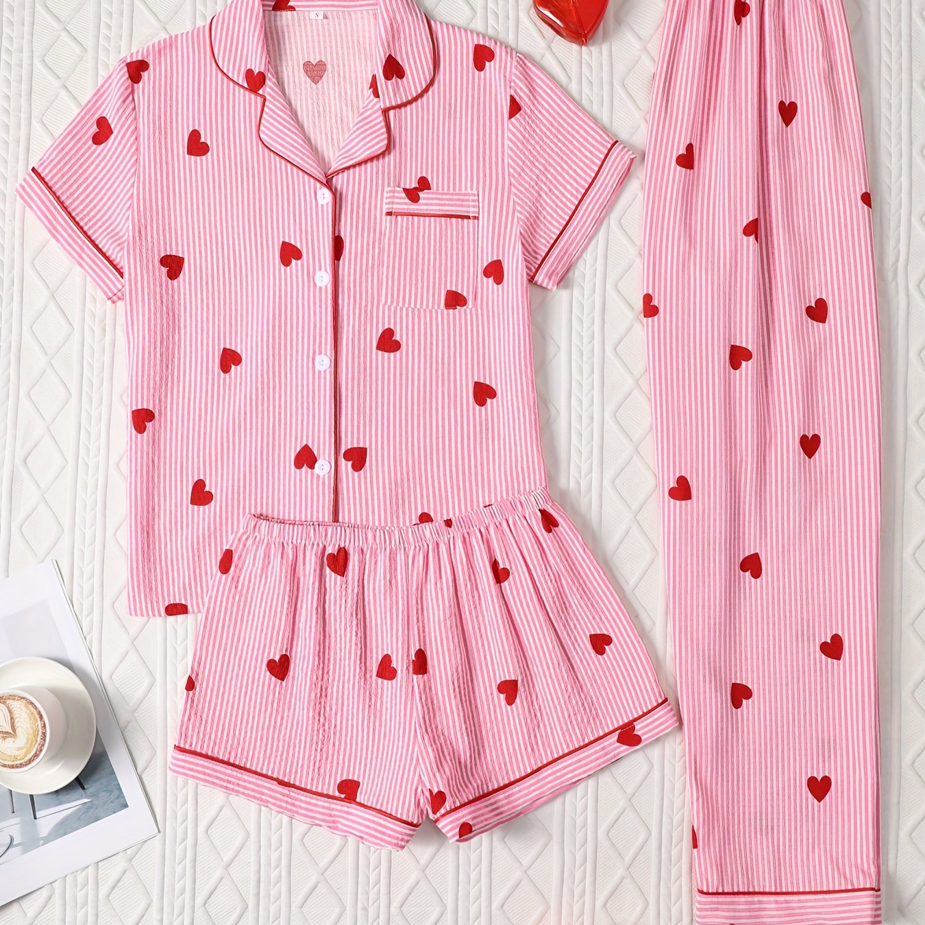 Image of 3pcs Bubble Heart Print Women's Pajama Set - Short Sleeve Button-up Top And Shorts And Long Pants