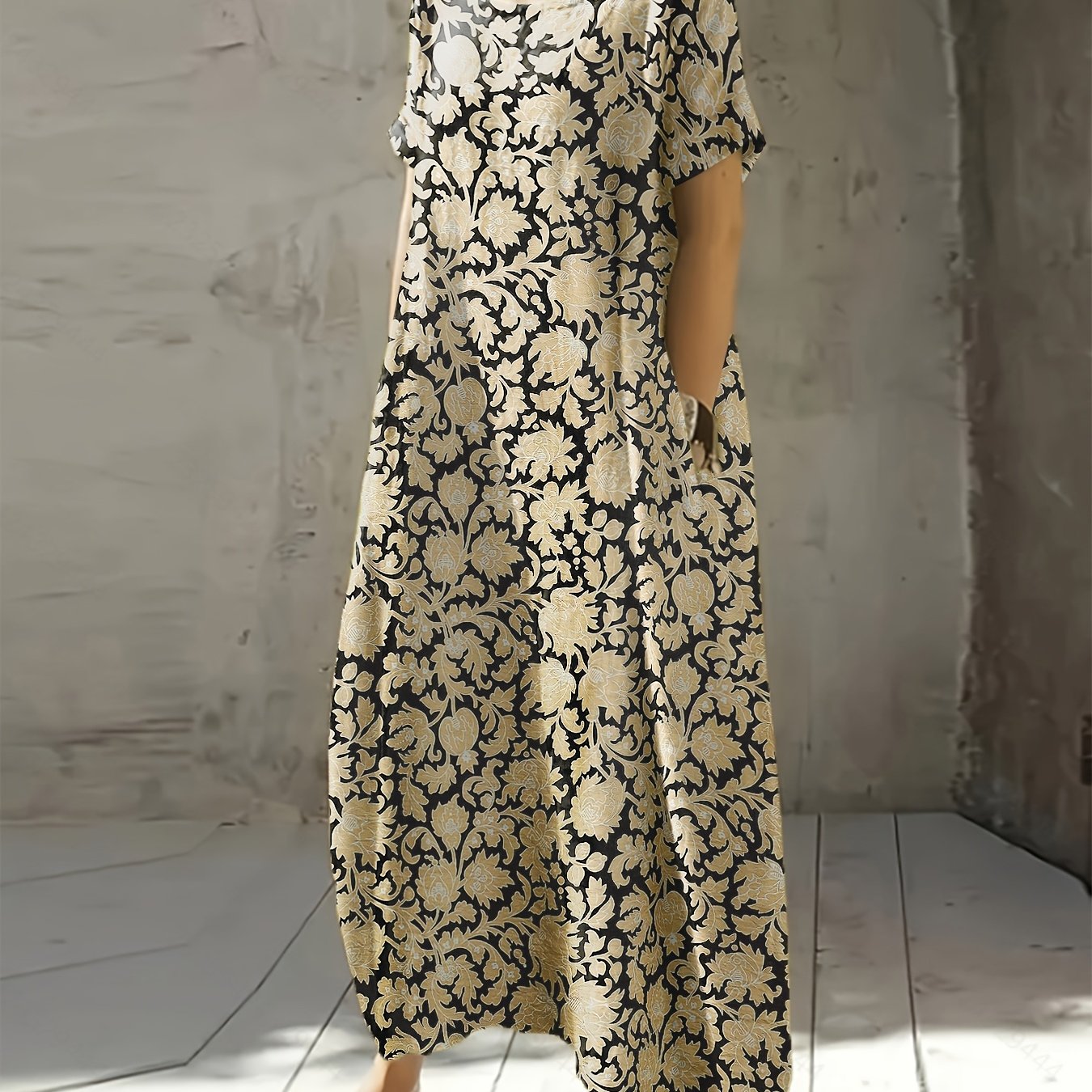 Image of Summer New Women's Casual Fashion Floral Dress Temperament Round Neck Short Sleeve Pocket Loose Mid-length Elegant Vacation Dress