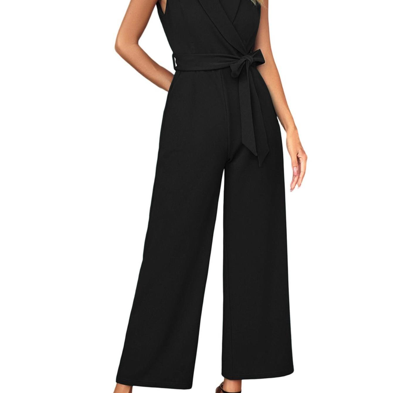 Image of Women's Elegant Jumpsuit, V-neck Solid Color Waist Short Sleeve Wide Leg Long Pants Romper