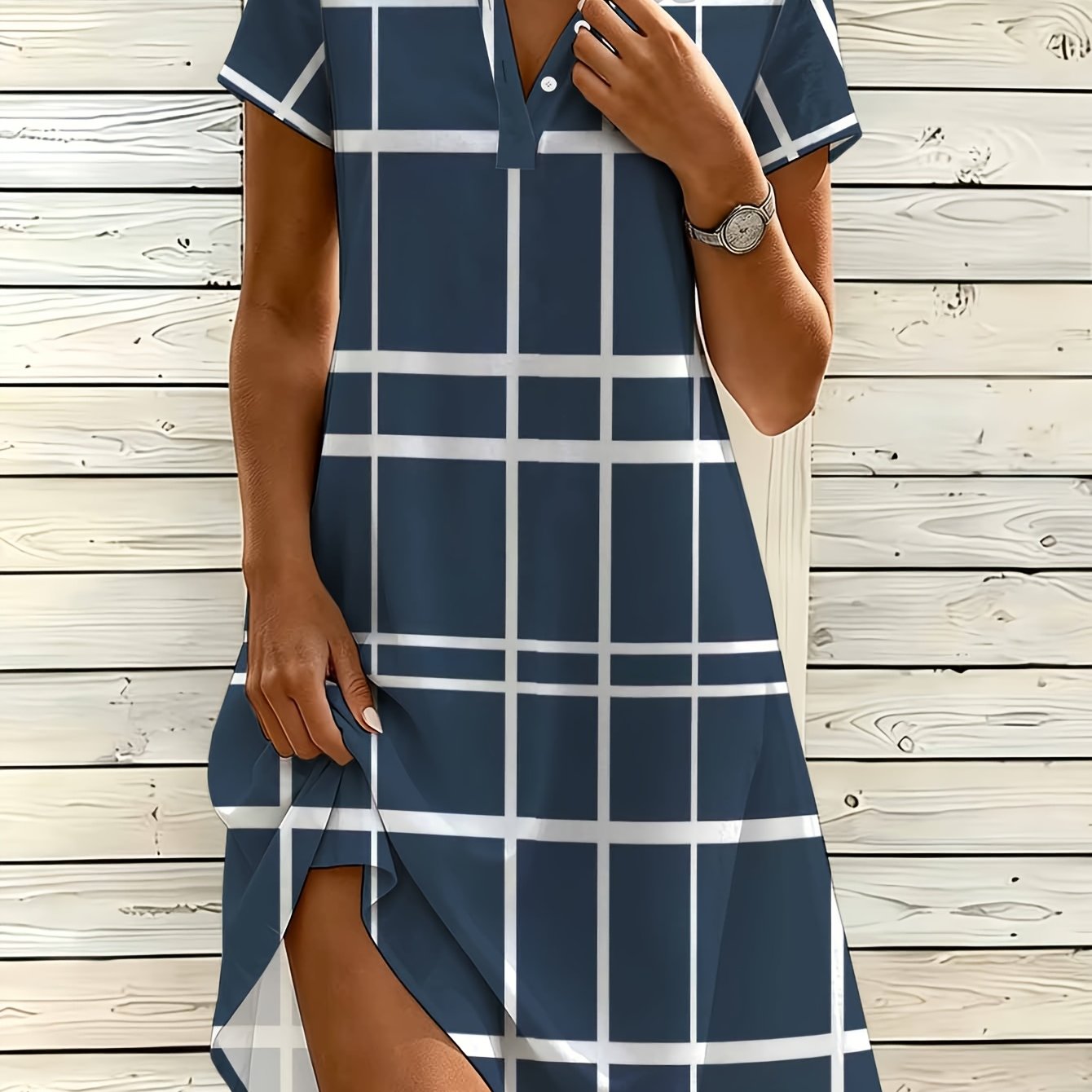 Plus Size, Women's Fashion Shirt Dress, V-neck Button Dress, Striped Print